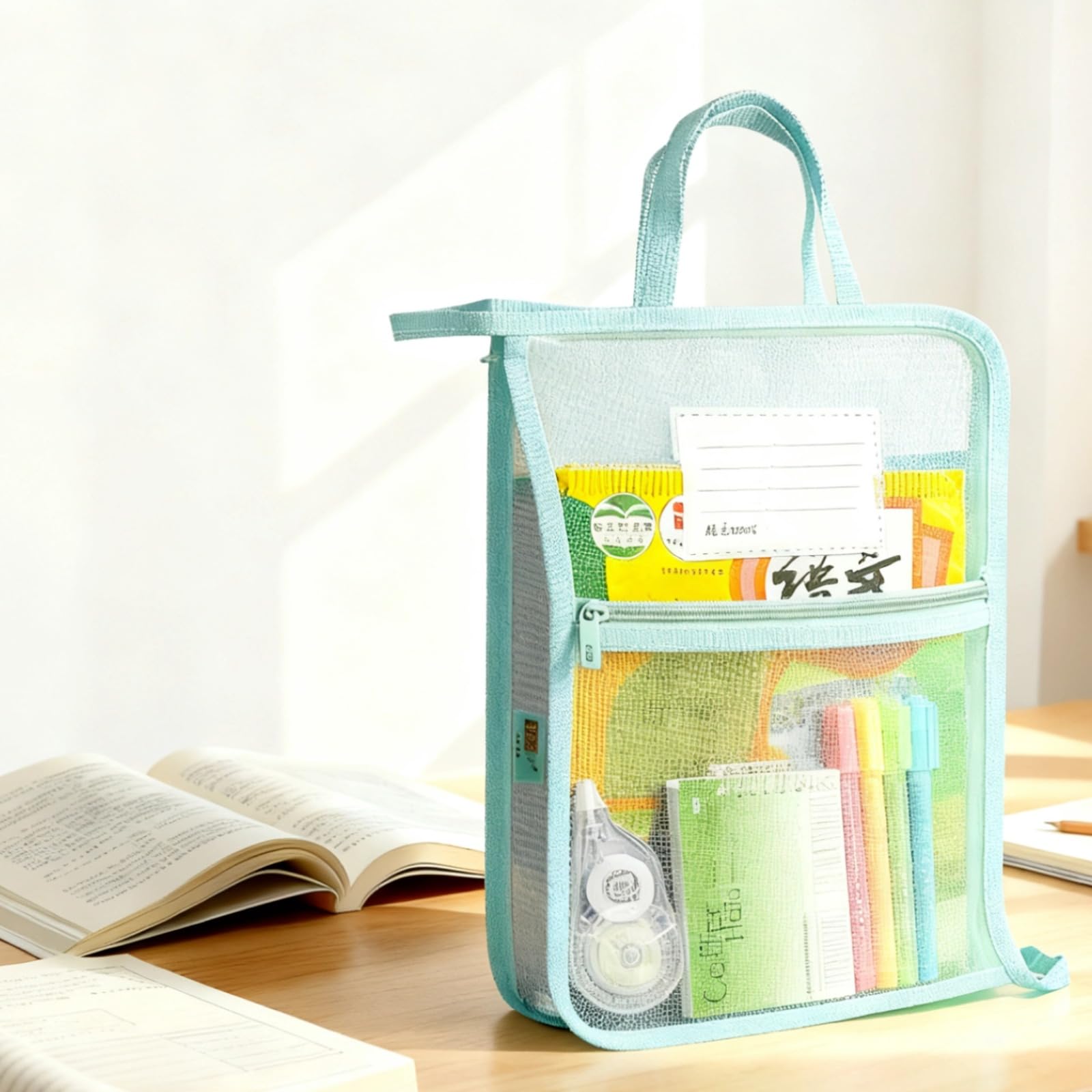 Lote de 5 bolsas para documentos en forma de L con asa, de gran apertura, organizadores de malla con cremallera para material escolar, 33,5 x 25 x 6 cm, bolsa transparente para exámenes de estudiantes