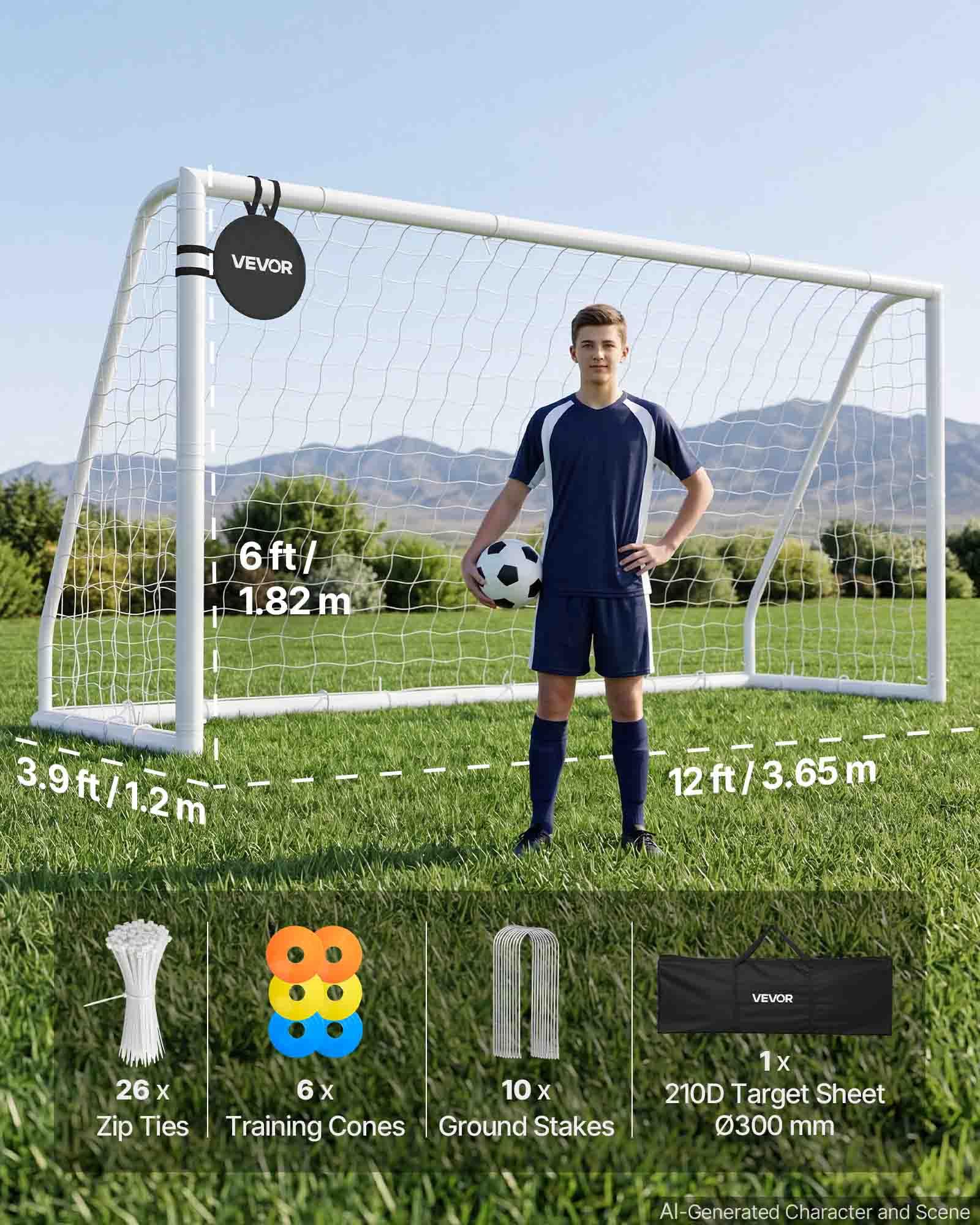 VEVOR Porta da calcio 30,5 x 15,2 cm, 30,5 x 1,8 cm, 2,4 x 1,8 m, porta da calcio in PVC per cortile, portatile, resistente alle intemperie, bersaglio cono, per adolescenti, bambini e adulti