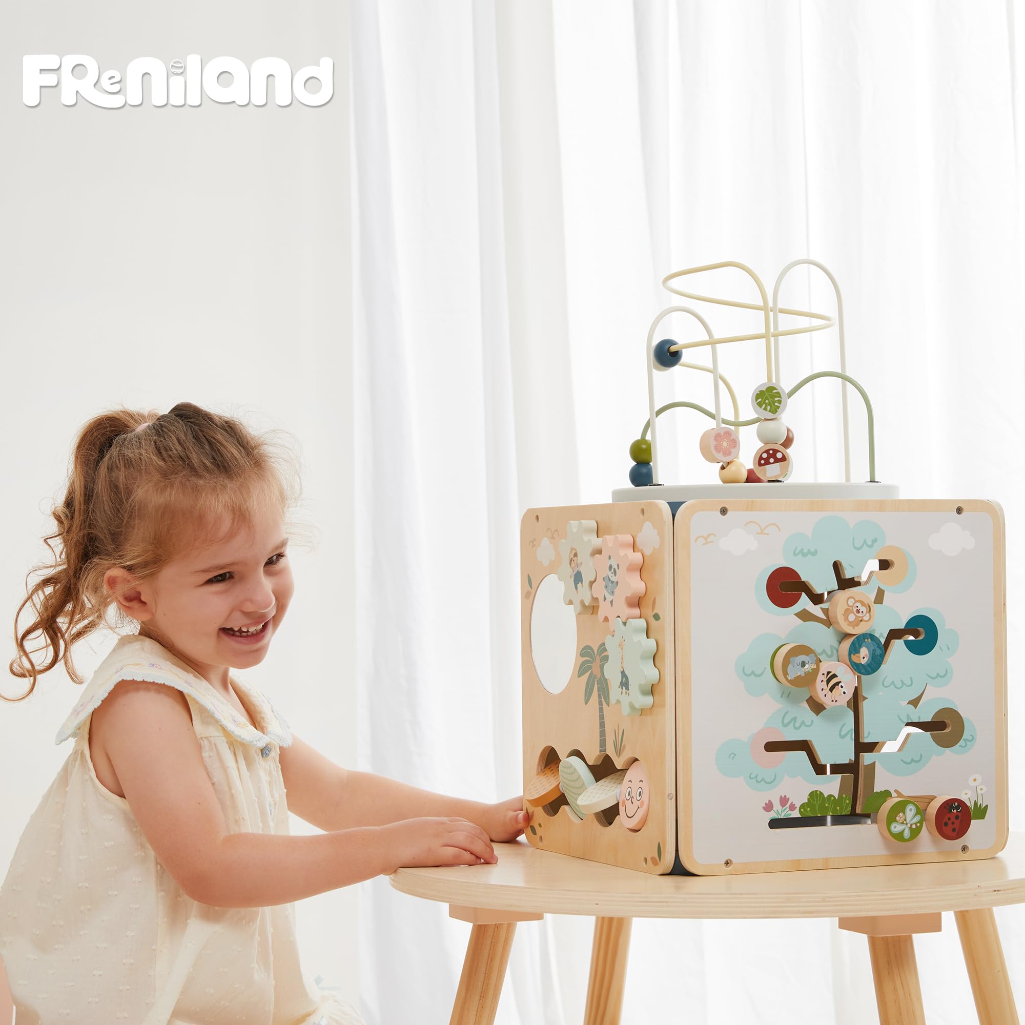 FReniland Holz Montessori Aktivitätswürfel für Kleinkinder 1-3 7-in-1 Baby Activity Center mit Perlen-Labyrinth, Formsortierer, Zahlengetriebe & Entdeckungsspiegel, Feinmotorisches Lernspielzeug für
