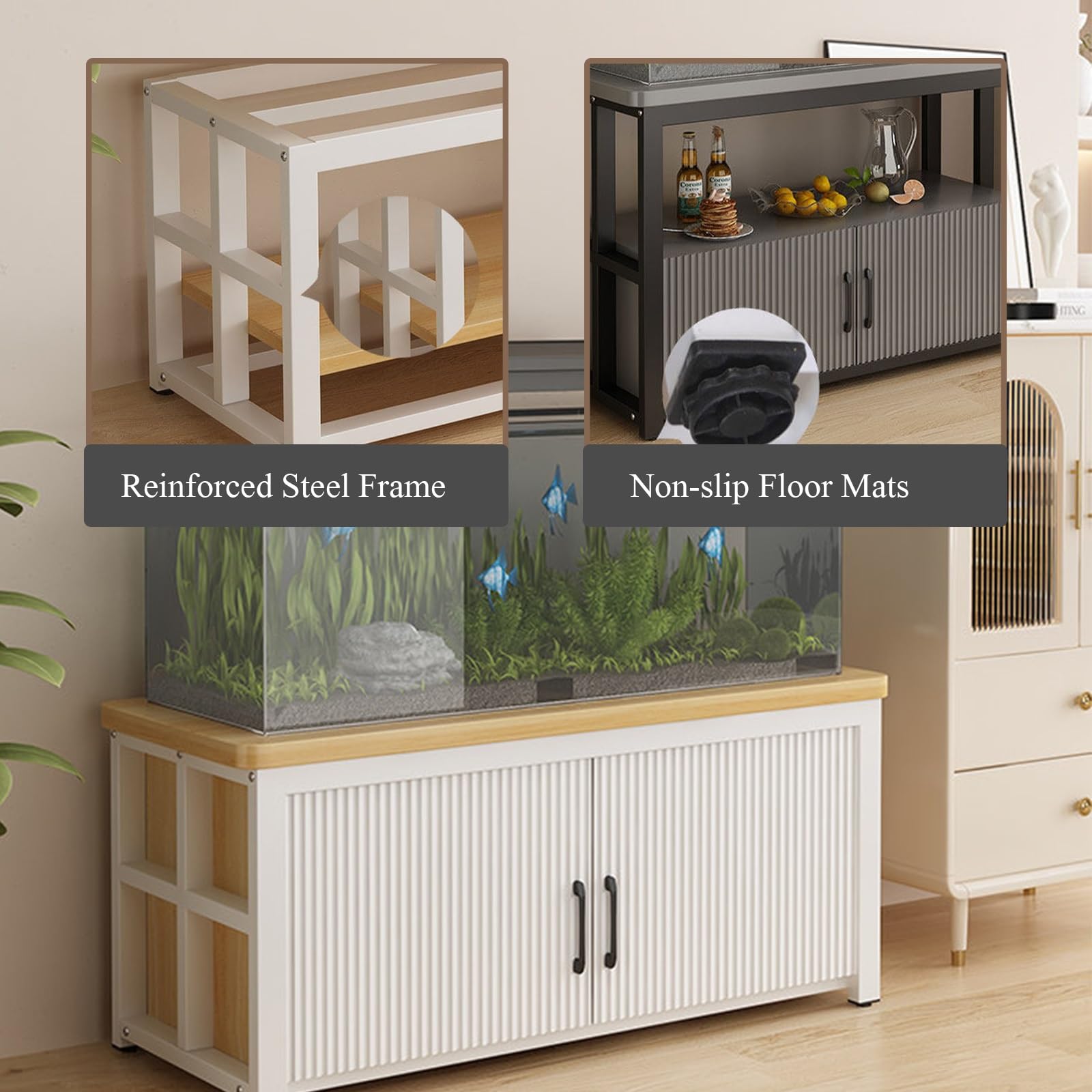 Metalowy Stojak Na Akwarium Szafka Stolik Na Zbiornik Z Zamykanymi | Wytrzymała metalowa szafka na akwarium do przechowywania w domu gabinecie oraz biurze(Black+Gray,31.5x17.7x19.7in)