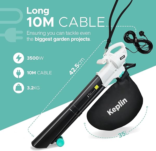 Keplin 3500W Corded Leaf Blower Vacuum & Mulcher 3-in-1, 35L Bag, 10m Cable, Wheels & Shoulder Strap Included, 10:1 Mulch Ratio, Garden Vacuum for Leaves & Debris, 1 Year Warranty - 2