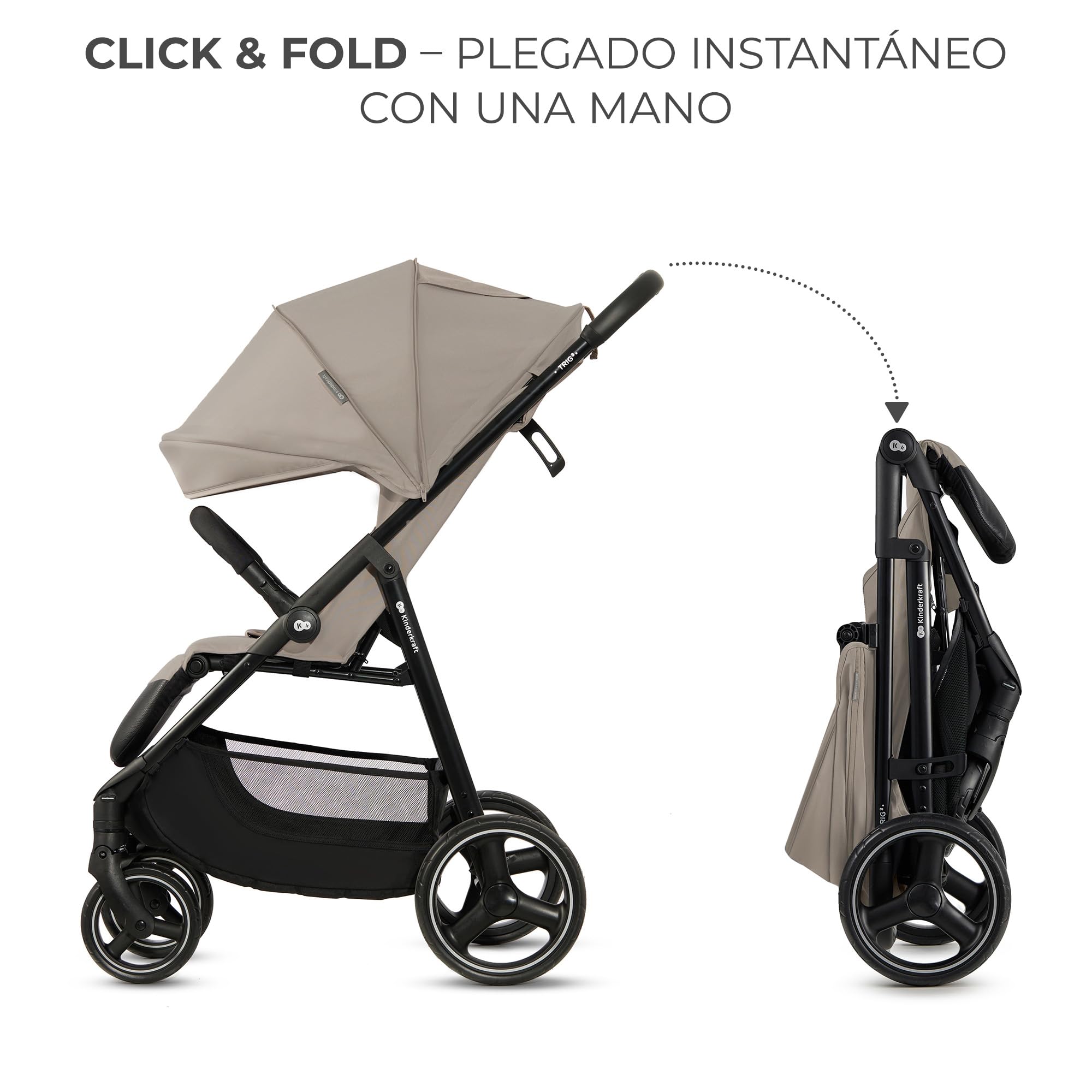 Kinderkraft TRIG 3, Silla de Paseo, Ligera y manejable, Suspensión, Cinturón de 5 puntos, Reposapiés, Ajustable, Carga máxima de 25 kg, Beige