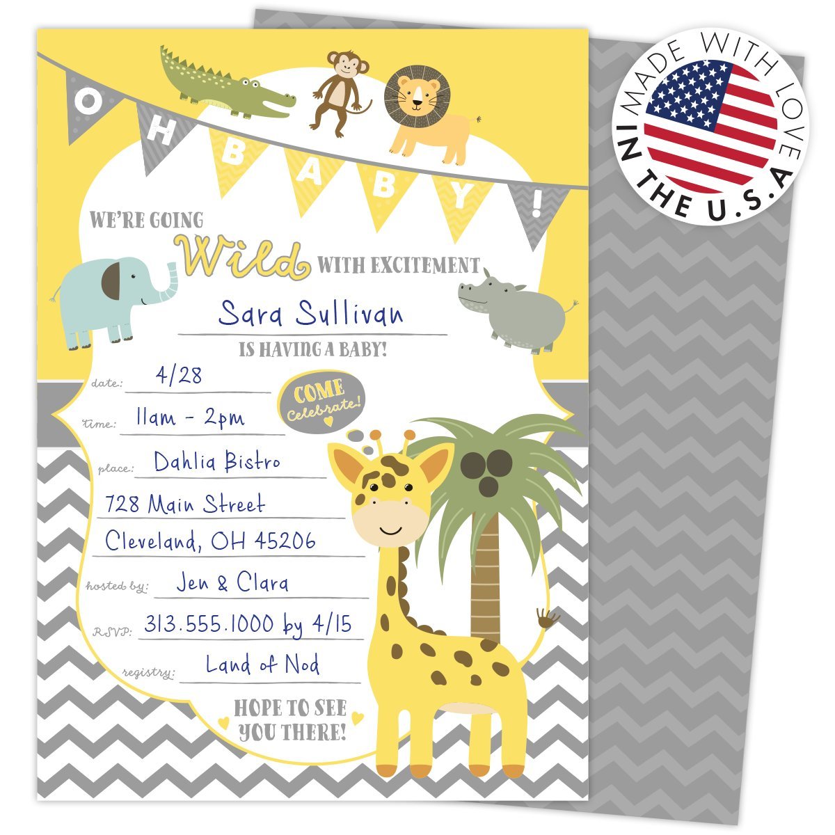 Lot de 25 cartes d'invitation pour fête prénatale Thème animaux de safari Jungle et enveloppes à remplir Unisexe pour garçons ou filles Imprimé sur du papier cartonné lourd 63,5 kg