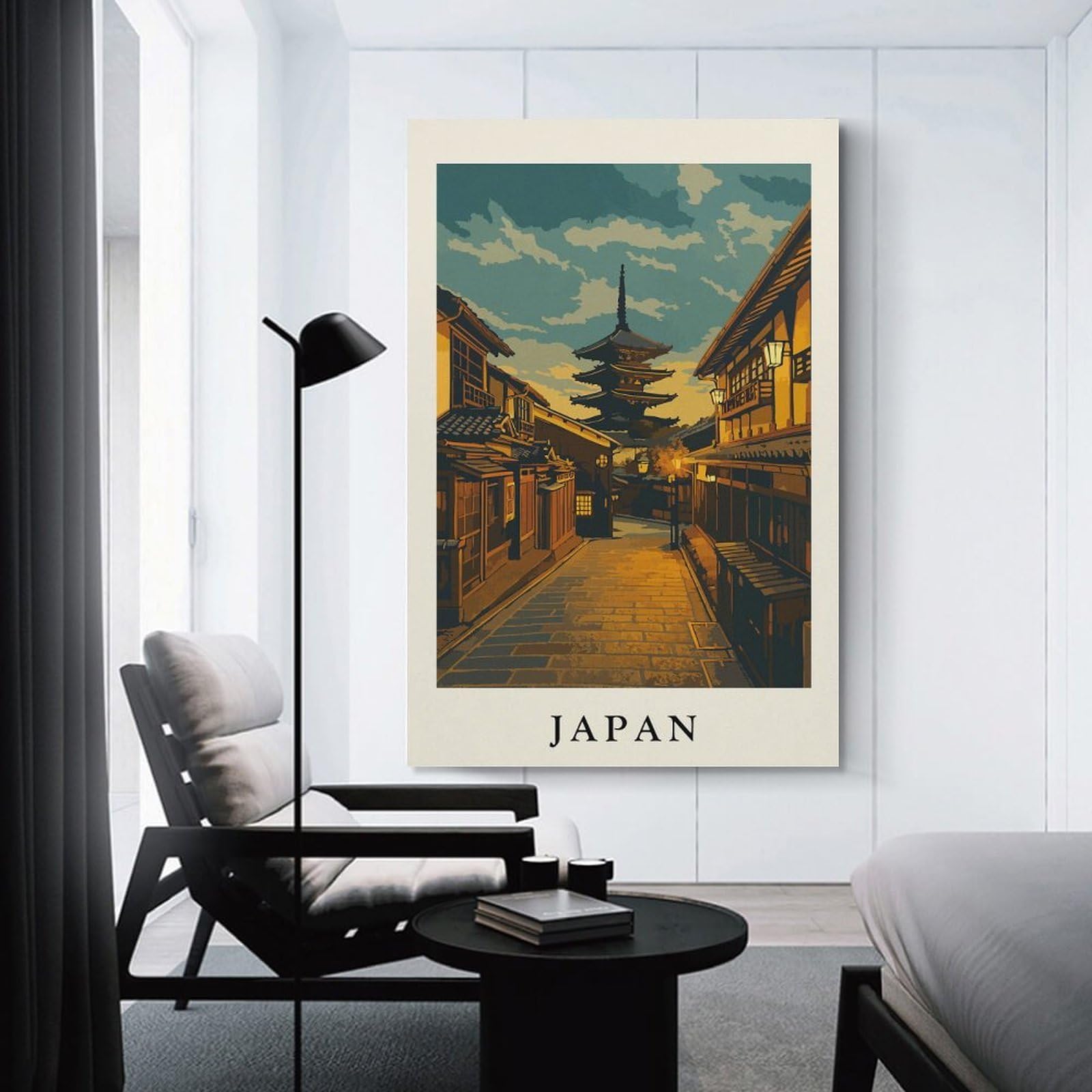 Junmoney Japanese Pagoda Street Scene Illustration Home Decor Wall Art, 24x36inch(60x90cm), for New Homes, Bedrooms Or Workspaces, Gift Idea for Housewarming And Birthdays