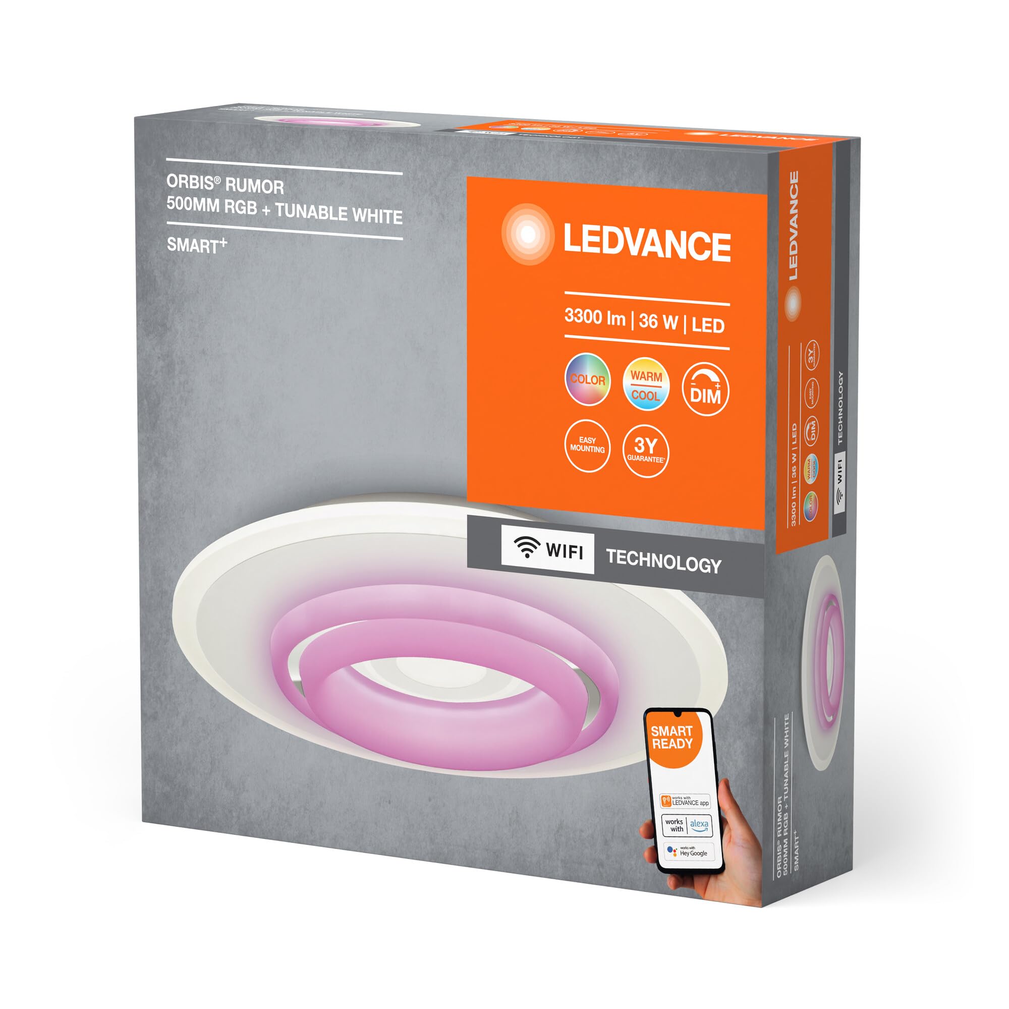 LEDVANCE ORBIS RUMOUR SMART+ WiFi Leuchte, Ø 50cm, dimmbare runde LED Deckenleuchte für den Innenbereich, 32W, Farbtemperatur von 2700-6500K, 3300 Lumen, 2 LED RGB Modul, Design-Leuchte,weiß