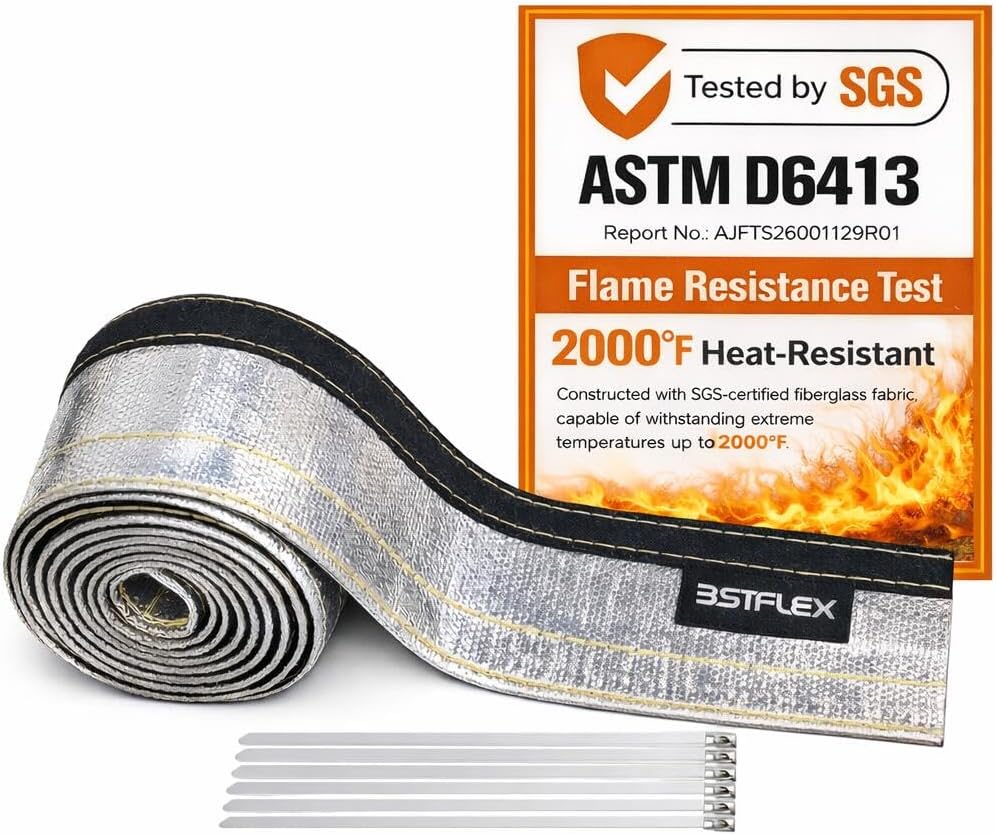 Aluminized Wire Heat Shield for Hose Lines & Electrical Wiring, 2" I.D.x 10FT Heat Shield Wrap Automotive for Exhaust and High-Temperature Pipes with 10 Pcs Stainless Steel Ties