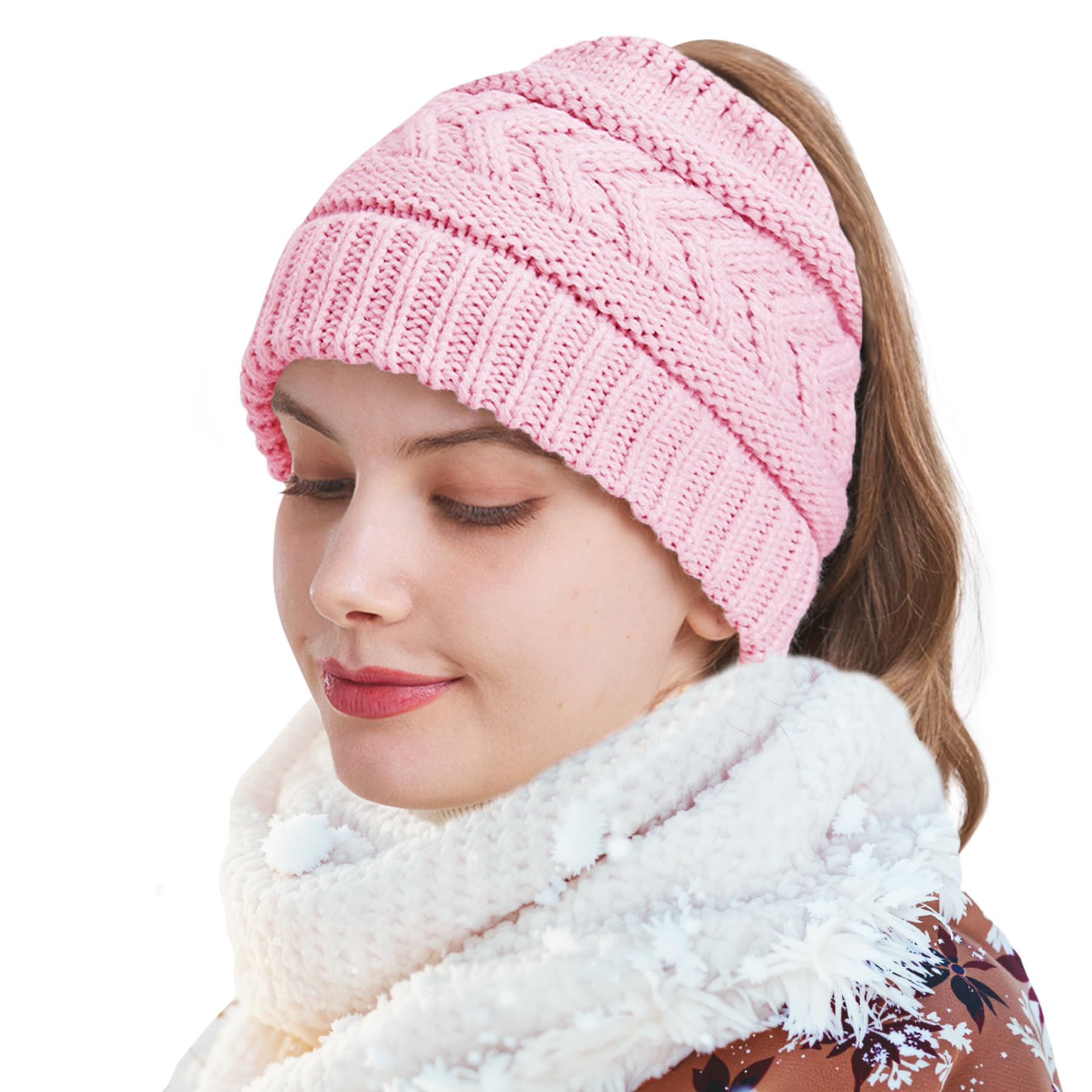 PFFY Ponytail Beanie Hat for Women Winter Warm Knit Beanies High Bun Hats Skull Cap