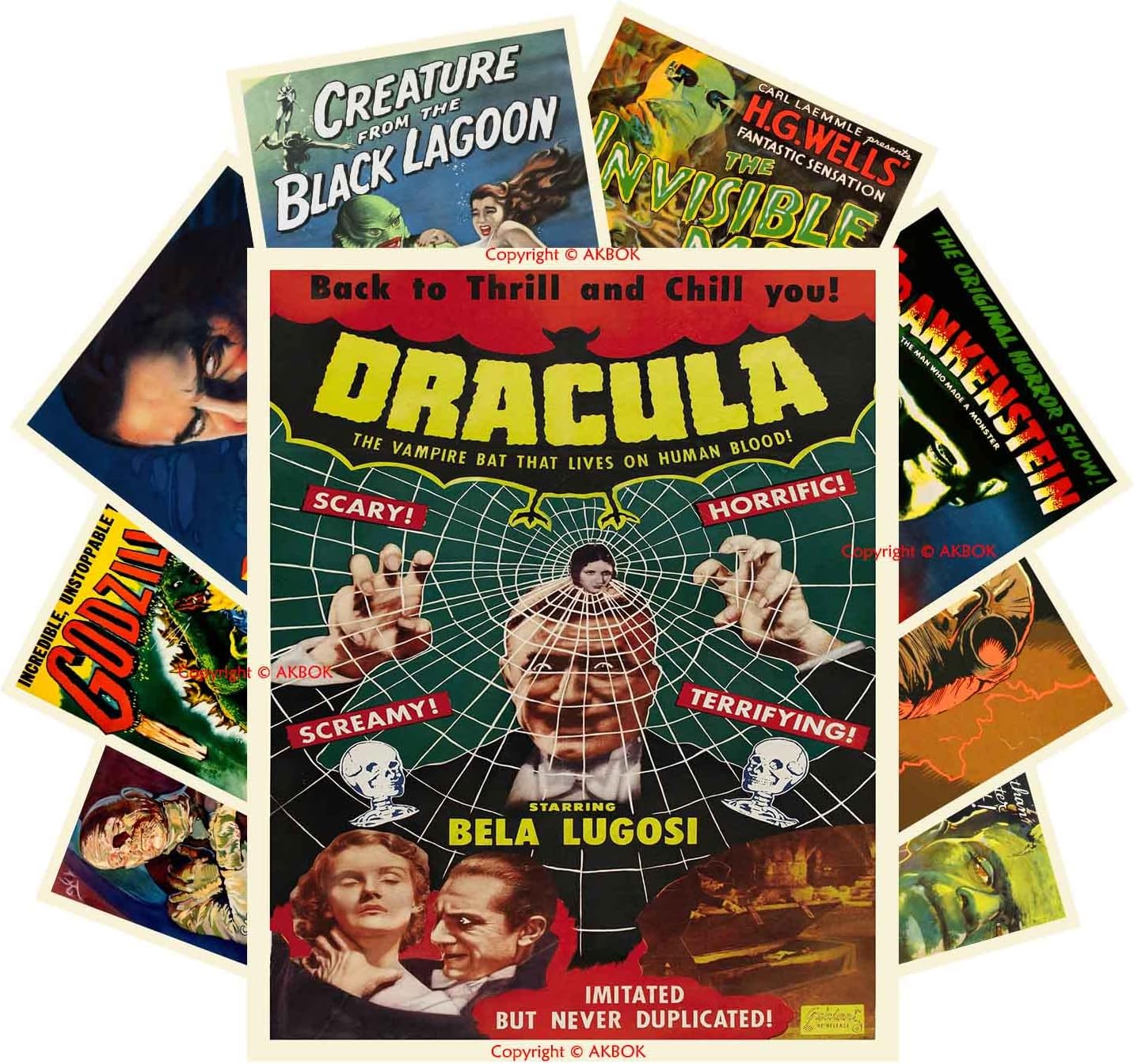 AKBOK Vintage Horror Monster Movie Posters Classic Scary Movie Poster Wall Art Prints Home Theater Set for Man Cave Living Room Bedroom 8”X 10” Unframed 9Pcs