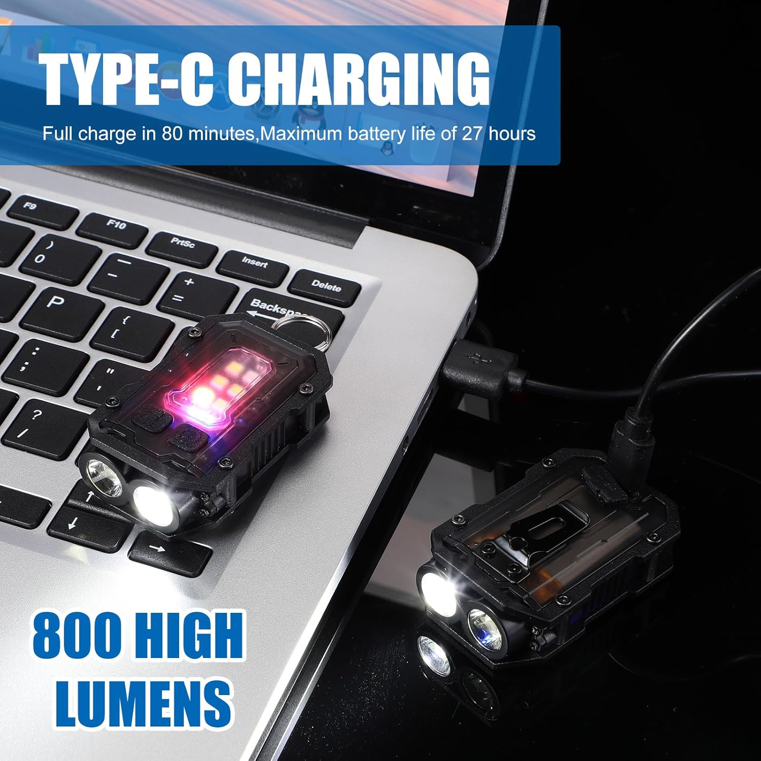 Rossesay 2 Pcs Mini EDC Flashlight Rechargeable Small Keychain Flashlight with White Red Blue Light, 800 High Lumens Pocket USB C LED Cob Portable Flash Lights with Clip and Magnet, 8 Modes