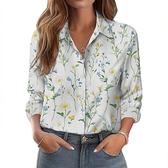 Womens Button Down Shirt Floral Blouses for Women Dressy Casual Long Sleeve Tops for Women 2025 Trendy V Neck Womens Work Tops Ditsy White M