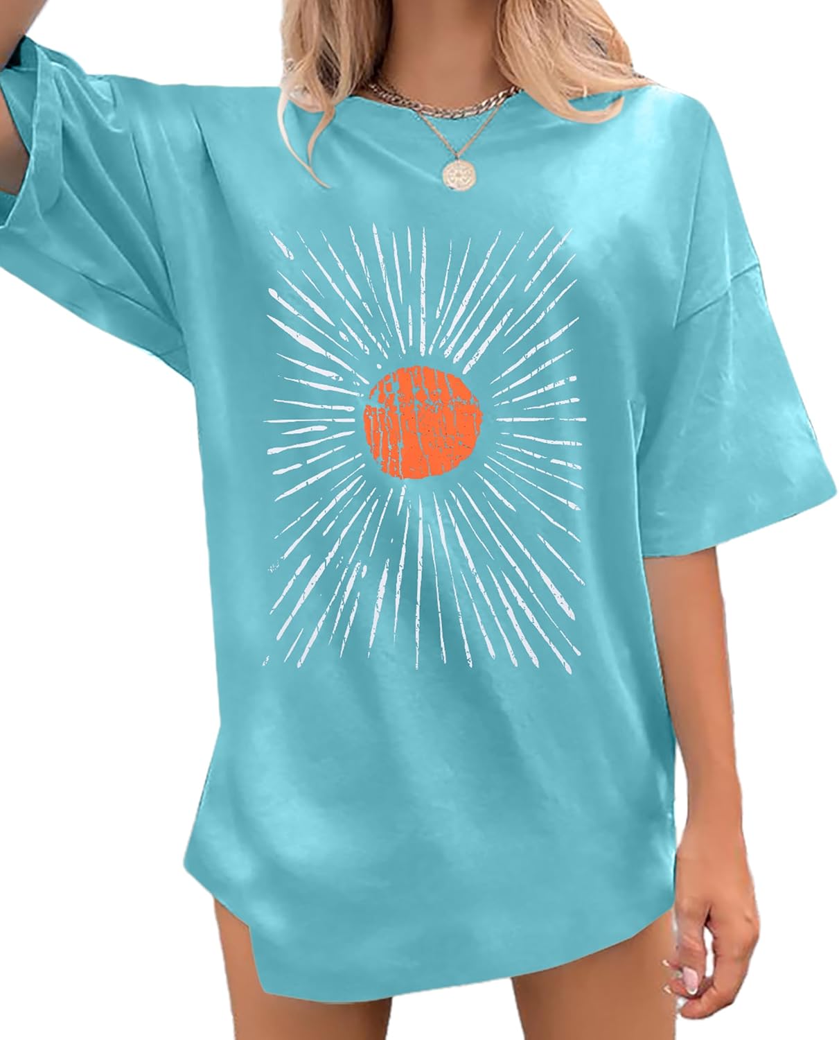 Womens Oversized Tee Shirts Vintage Sunshine Graphic Tees Hiking T-Shirts Boho Summer Short Sleeve Top