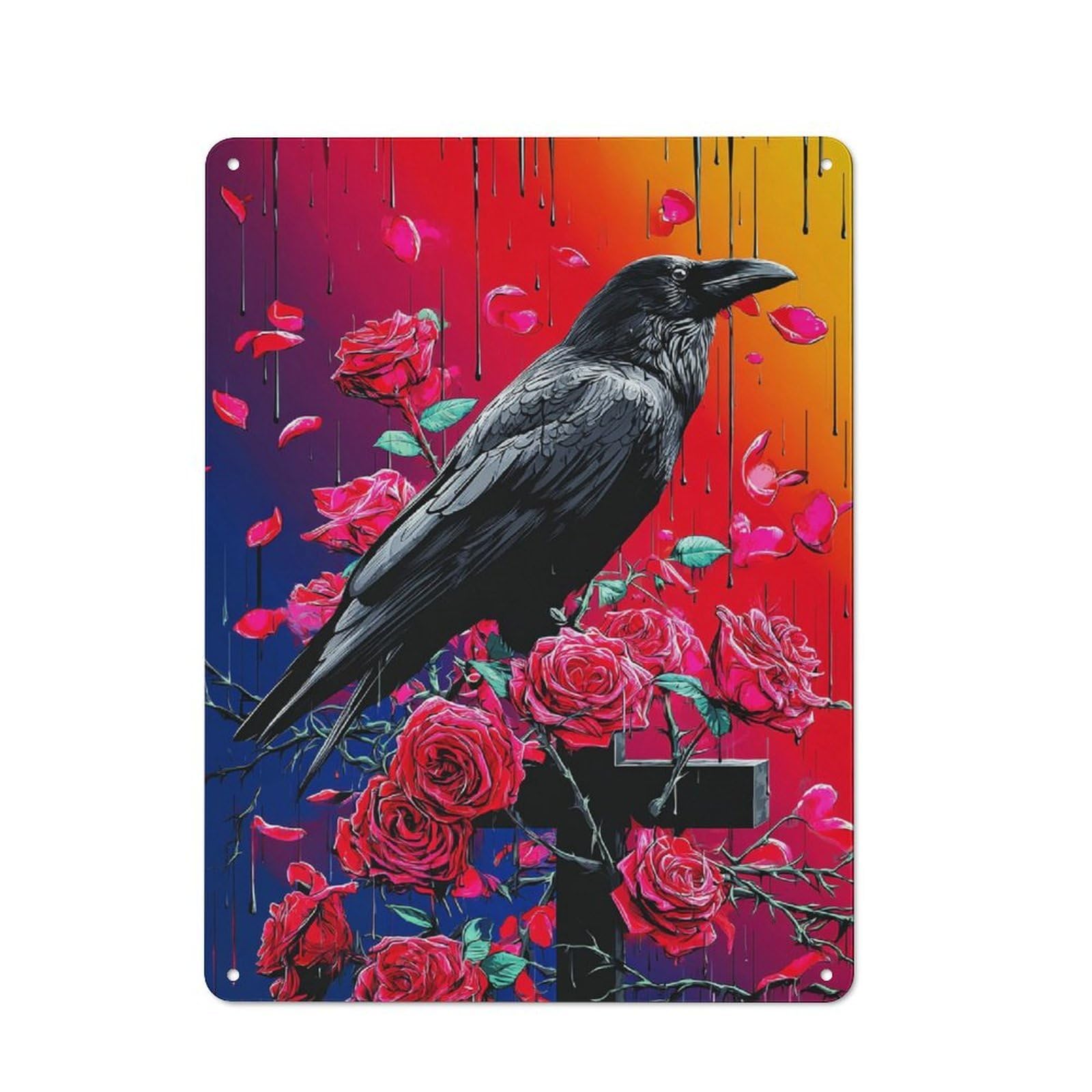 Junmoney Raven Amidst Blooming Roses Clean Industrial Industrial Metal Sign 40X30cm, Studio Wall Art For Loft, Studio, Office Or Creative Room
