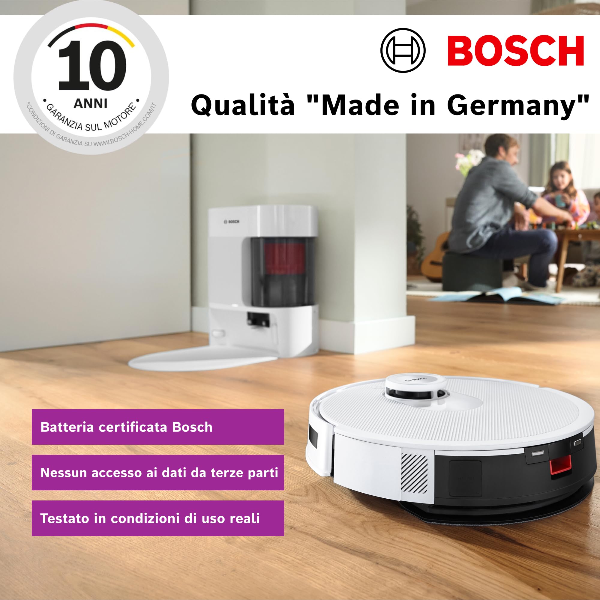 Bosch Spotless+Robot Aspirapolvere e Lavapavimenti,Potenza 11.000Pa,Panno Lavapavimenti Statico,Stazione di ricarica con autosvuotamento,Navigazione Infrarossi Smart Vision,AppBosch HomeConnect,Bianco