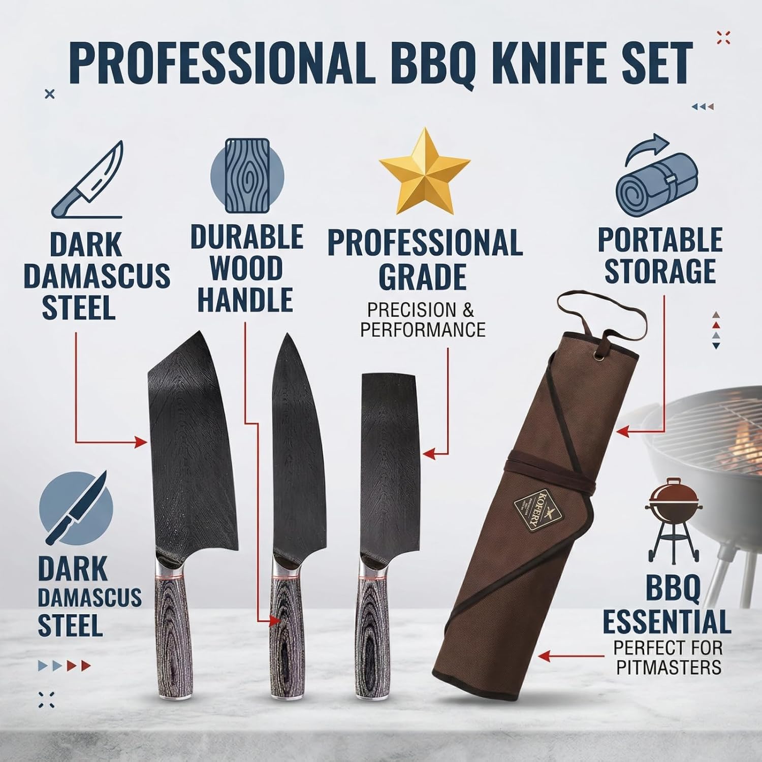 KOFERY Hand Forged Damascus Chef Knife Set with Roll Bag and Sharpener - Ideal for Culinary, Camping and BBQ(Iron-Grey Handle)