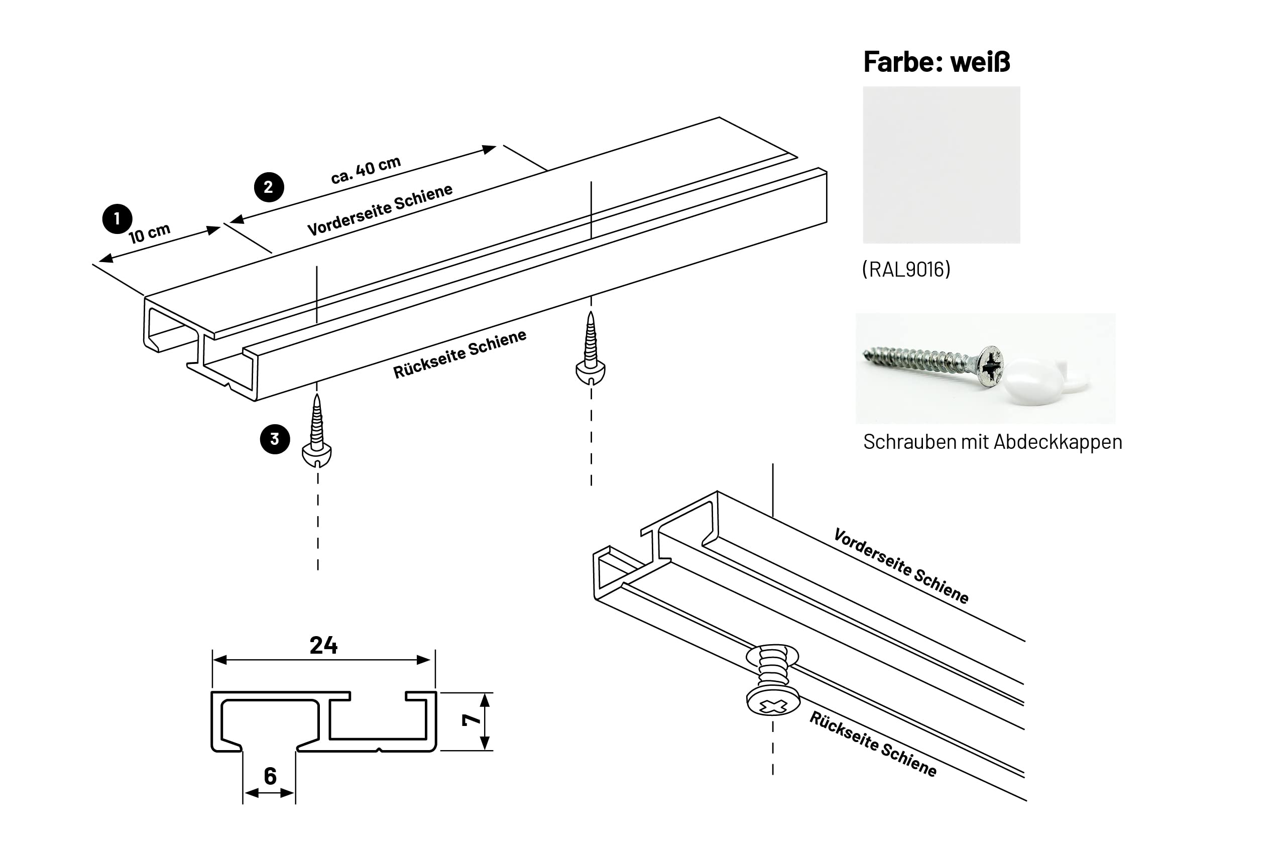 Deco-Raum Gardinenschiene auf Maß Aluminium 1-läufig vorgebohrt Vorhangschiene Deckenbefestigung für Schiebevorhang Vorhang Gardinen mit Befestigungsmaterial weiss 180 cm Minimal