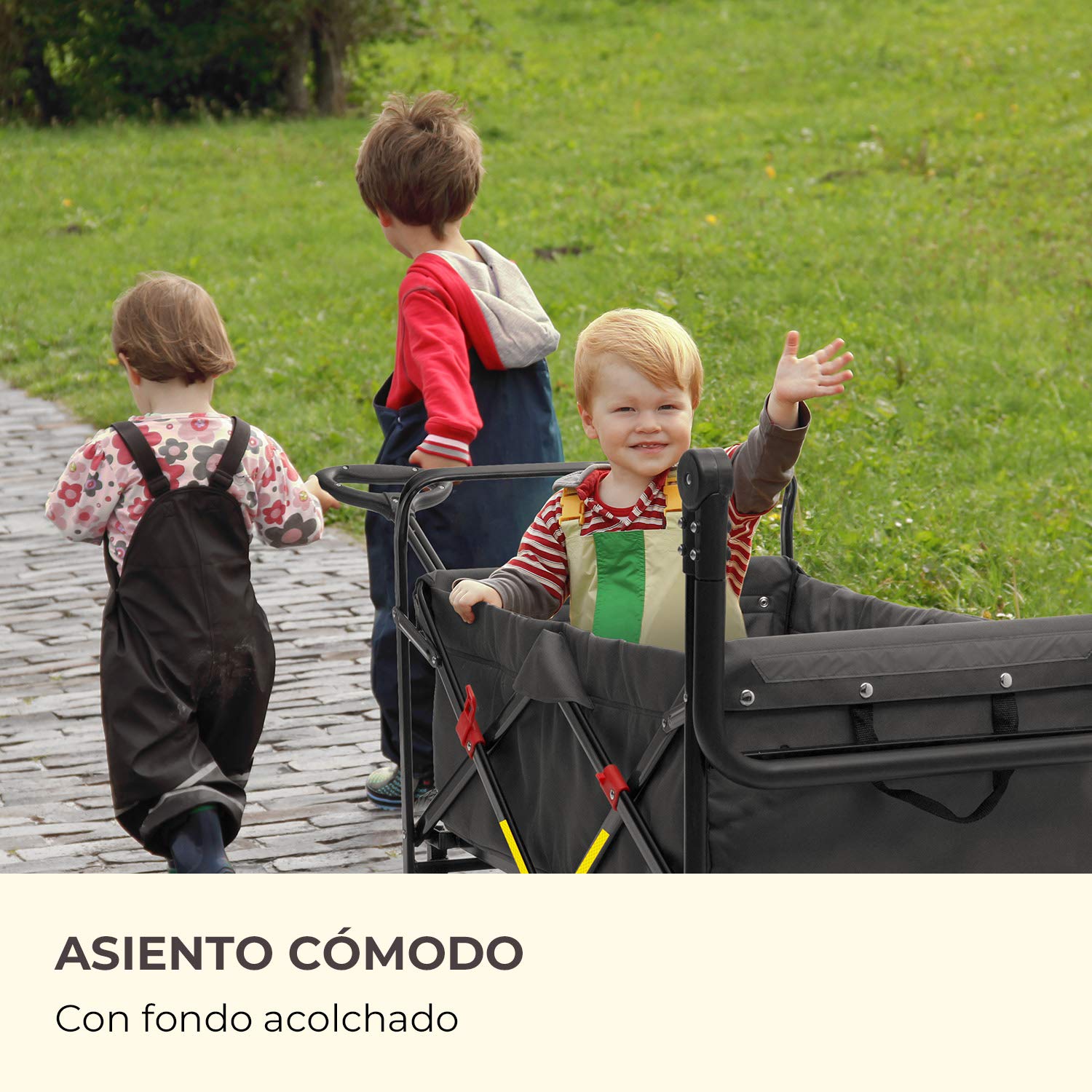 Waldbeck Easy Rider - Carretilla de Mano, Carro Carga Pesada, hasta 70 kg belastbar, Robusto y liviano con Funda de Poliester 600D, 2 Cinturones de Seguridad para niños, Plegable, Gris