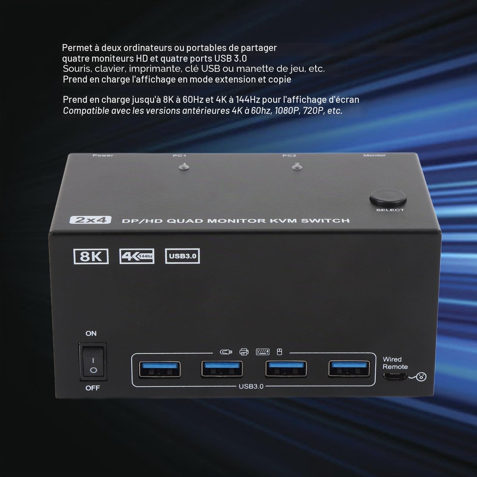 4 Moniteurs KVM Switch avec 4 Ports USB 3.0, 2 Ordinateurs HD 8K 60Hz Displayport (Prise UE)