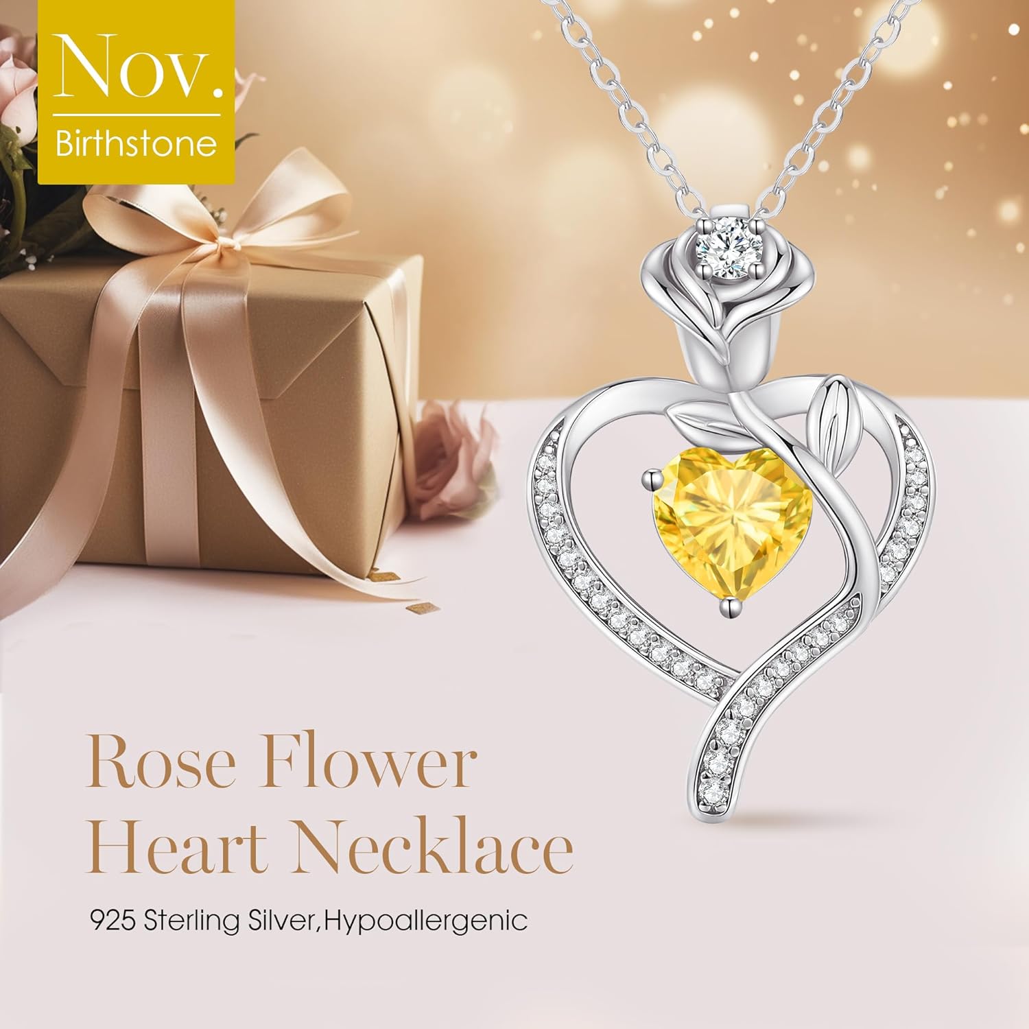 LOUISA SECRET Rose Flower Heart Birthstone Necklaces for Women, 925 Sterling Silver Fine Jewelry, Pendant Heart Necklaces Birthday Anniversary Christmas Gift for Women Wife Mom Girlfriend Lady - Image 4