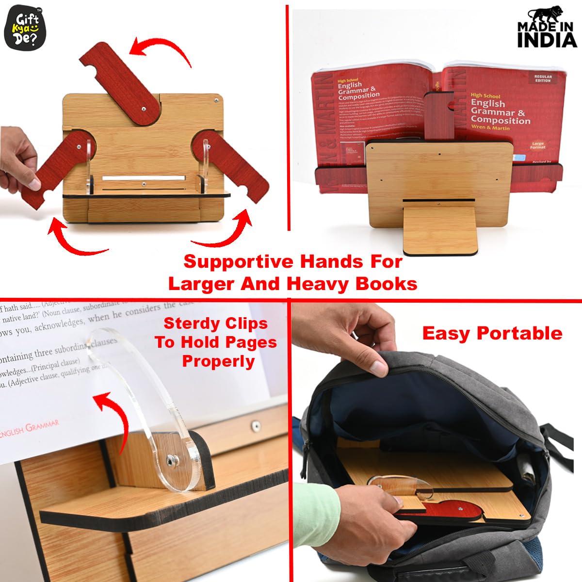 GKD Book Reading Stand Desk Accessories For Adjustable Angles Compatible With All Size Books, A3 Large Size, Heavy, Bulky, Large Book Stand, Tablet & Mobile A Book Holder For Reading (Big Size Bamboo) 3