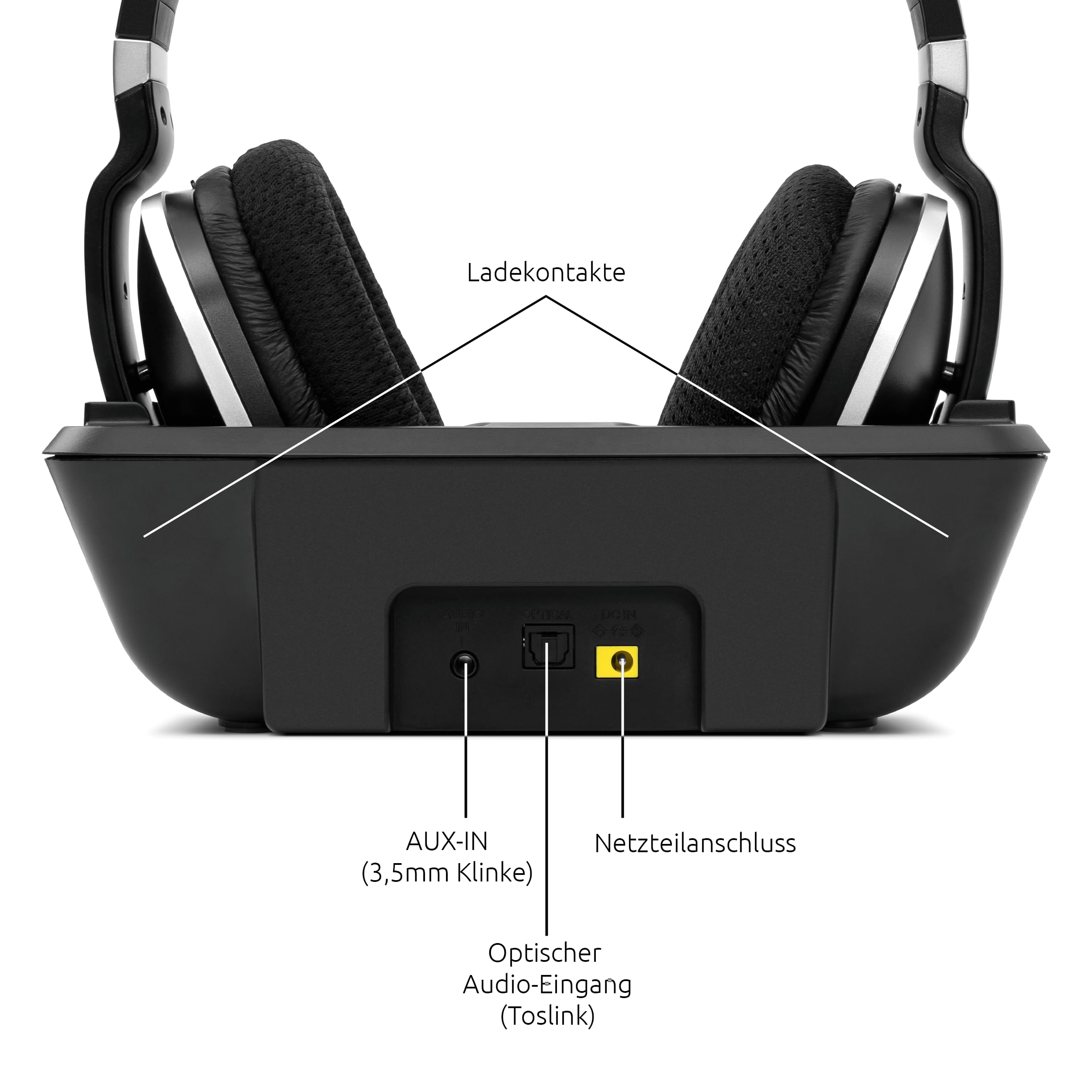 TechniSat STEREOMAN 2 V2 - kabelloser 2,4GHz Funkkopfhörer (für Fernseher und Musikanlagen, mit Dockingstation, AUX-in, Audio Eingang optisch) schwarz