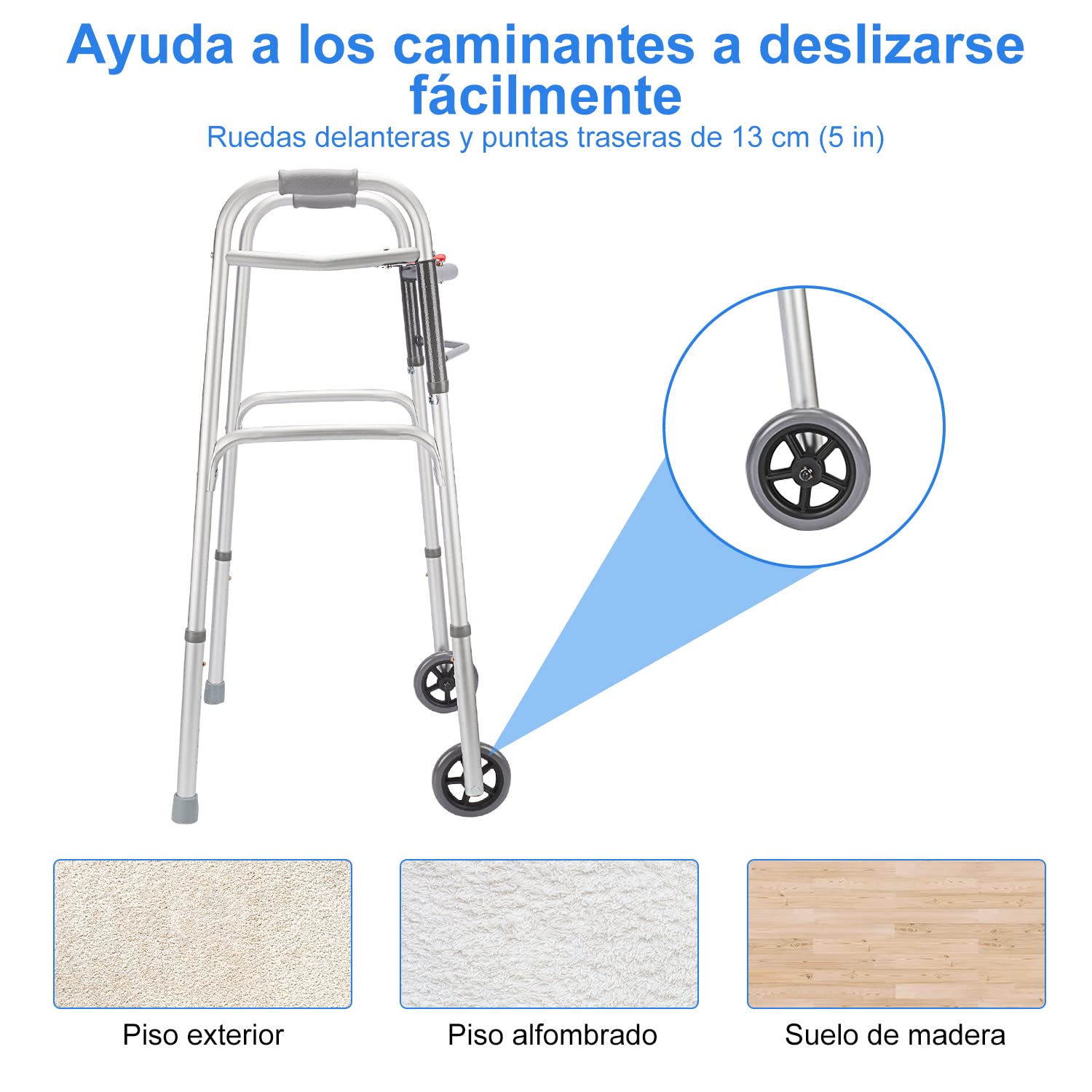 suplegear Andador Estándar Plegable, Dos Botones Caminante Plegable de Aleación de Aluminio Ajustable con Ruedas de 13 cm para Personas Mayores Discapacitados Lesionados, Soporte hasta 226.8 kg