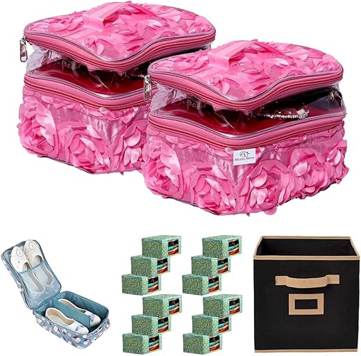 Kuber Industries Pink Cosmetic Bag, Grey Shoe Cover, Green Saree Cover & Non Woven Large Combo Pack