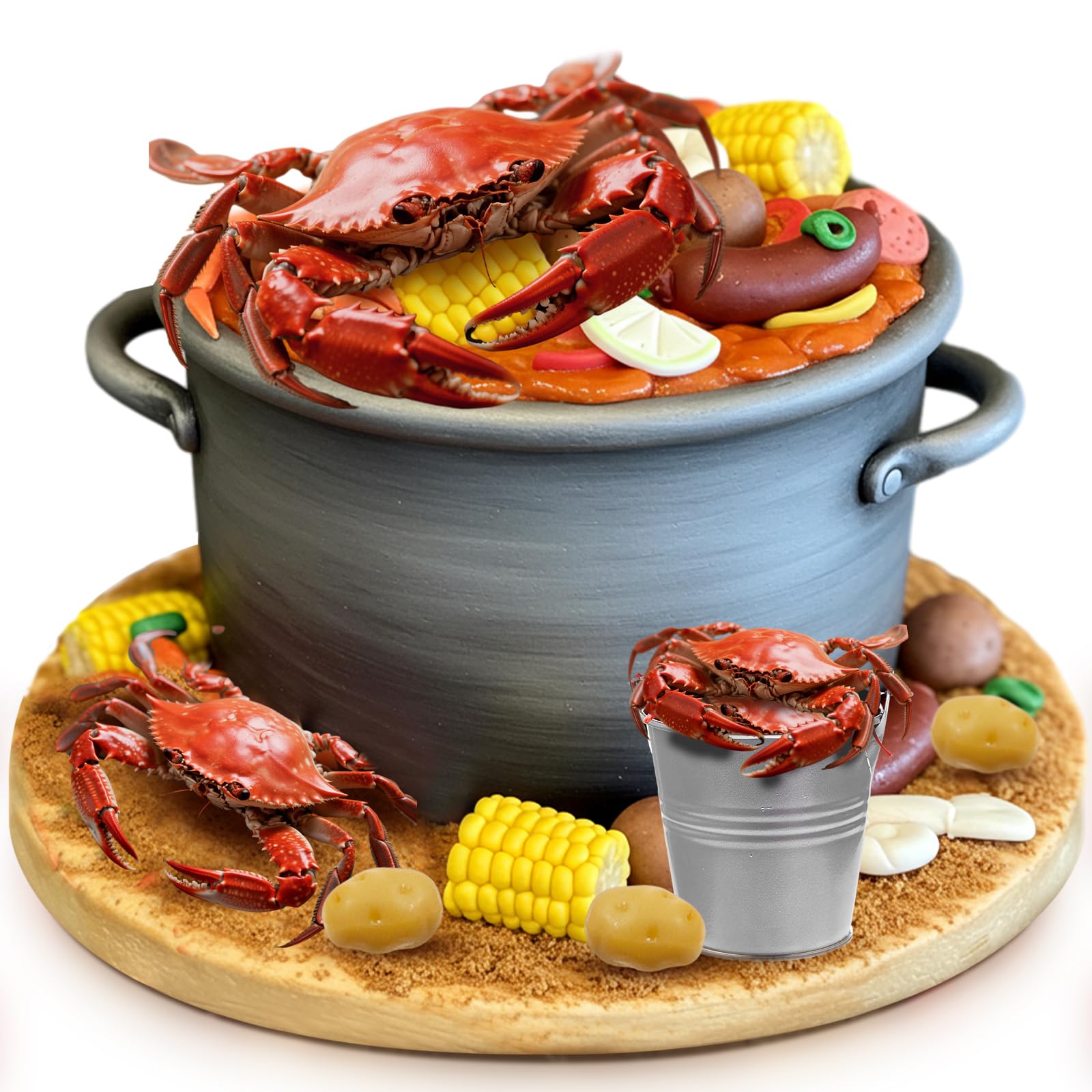 Photo 1 of ****MISSING BIGGER BUCKET & SOME TOPPINGS*** Gemscream 9 Pcs Crab Cake Topper Crab Boil Party Decorations Supplies Plastic Potato Corn Metal Pail for Theme Birthday Festival Potluck