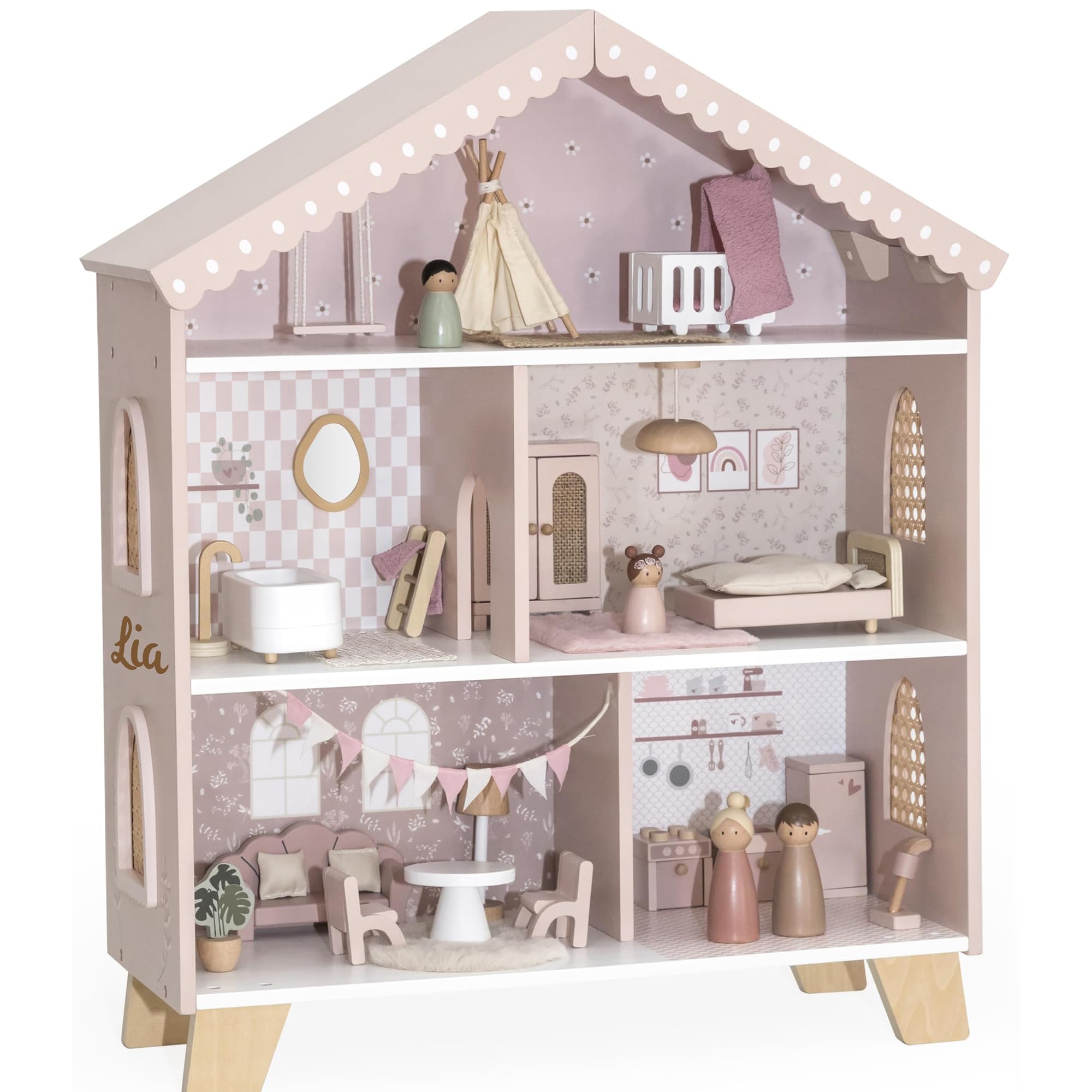 Personalizzabile Casa delle Bambole in Legno Rosa – Ispirata al metodo Montessori & Gioco di Ruolo – dai 3 Anni – Personalizzata con Nome – Label Label