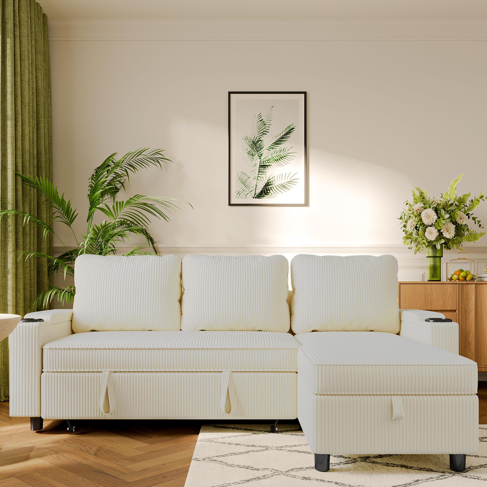 JUMMICO , canapé lit avec Rangement intégré et accoudoirs multifonctionnels, idéal pour Salon, Design Moderne et Pratique,Bureau et Petit Appartement, Beige