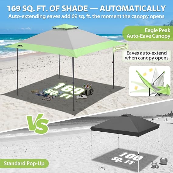 EAGLE PEAK 13x13 Pop Up Canopy Tent, Auto Extended Eaves, Gray
