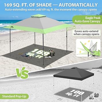 EAGLE PEAK 13x13 Pop Up Canopy Tent, Auto Extended Eaves, Gray