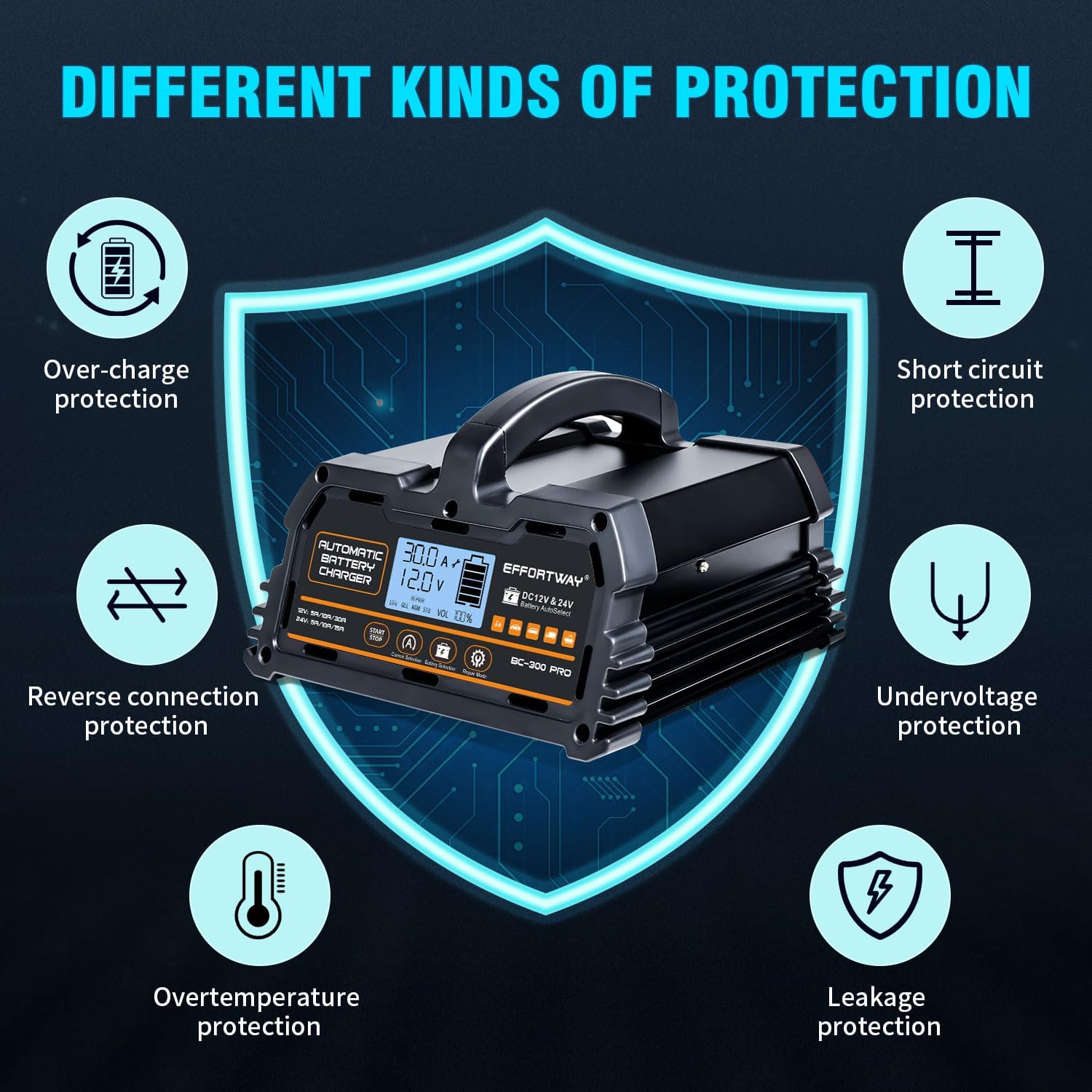 30A Battery Charger, 12V/24V Lead Acid, 12V LiFePO4. Smart Battery Charger with Trickle Charge. Car Battery Maintainer with LCD Display. Suitable for Trucks, Motorcycles