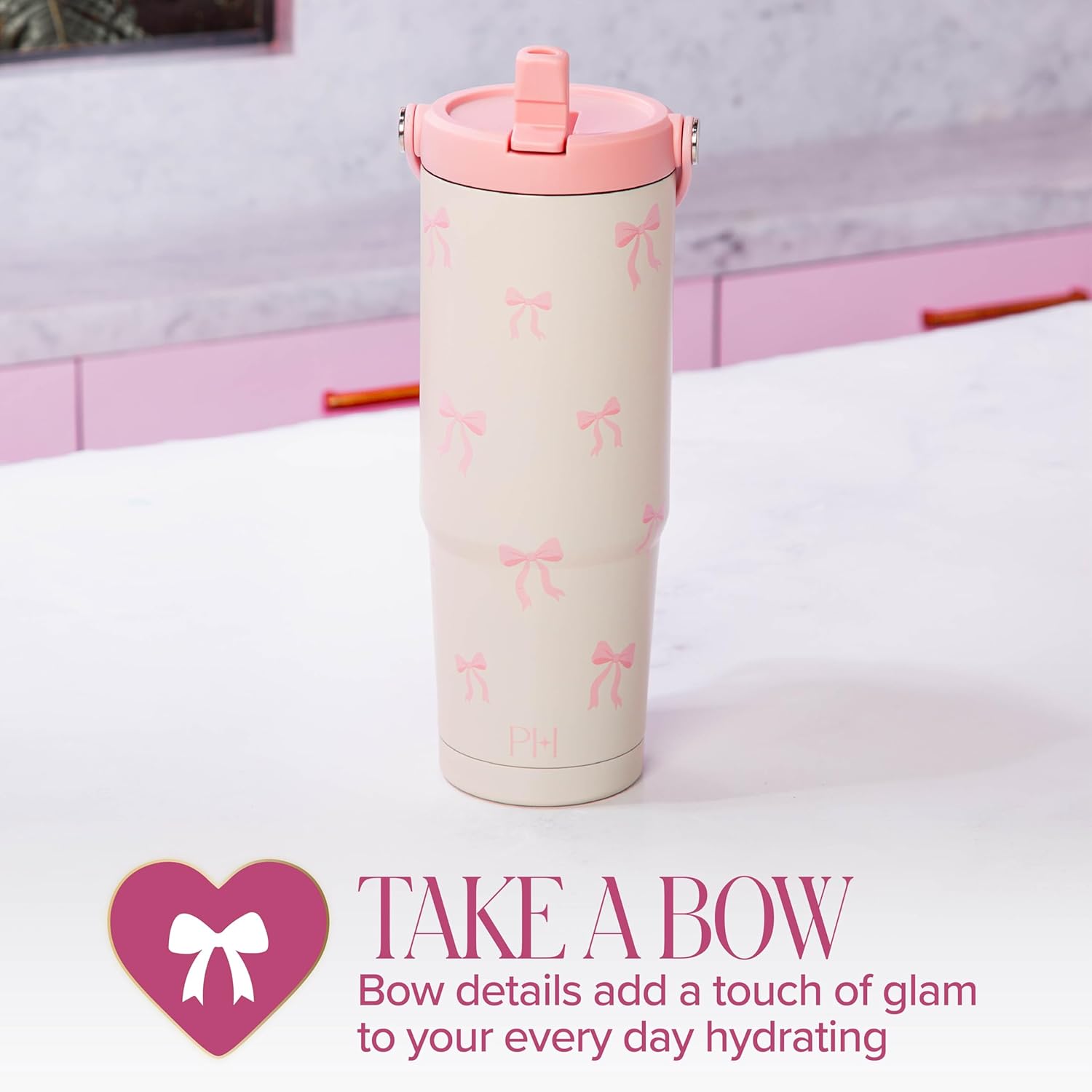 Paris Hilton 30 oz Insulated Water Bottle Tumbler with Flip-Up Straw Lid and Carry Handle, Double-Wall Vacuum Stainless Steel Tumbler Travel Cup, Pink Bow Design, Cream