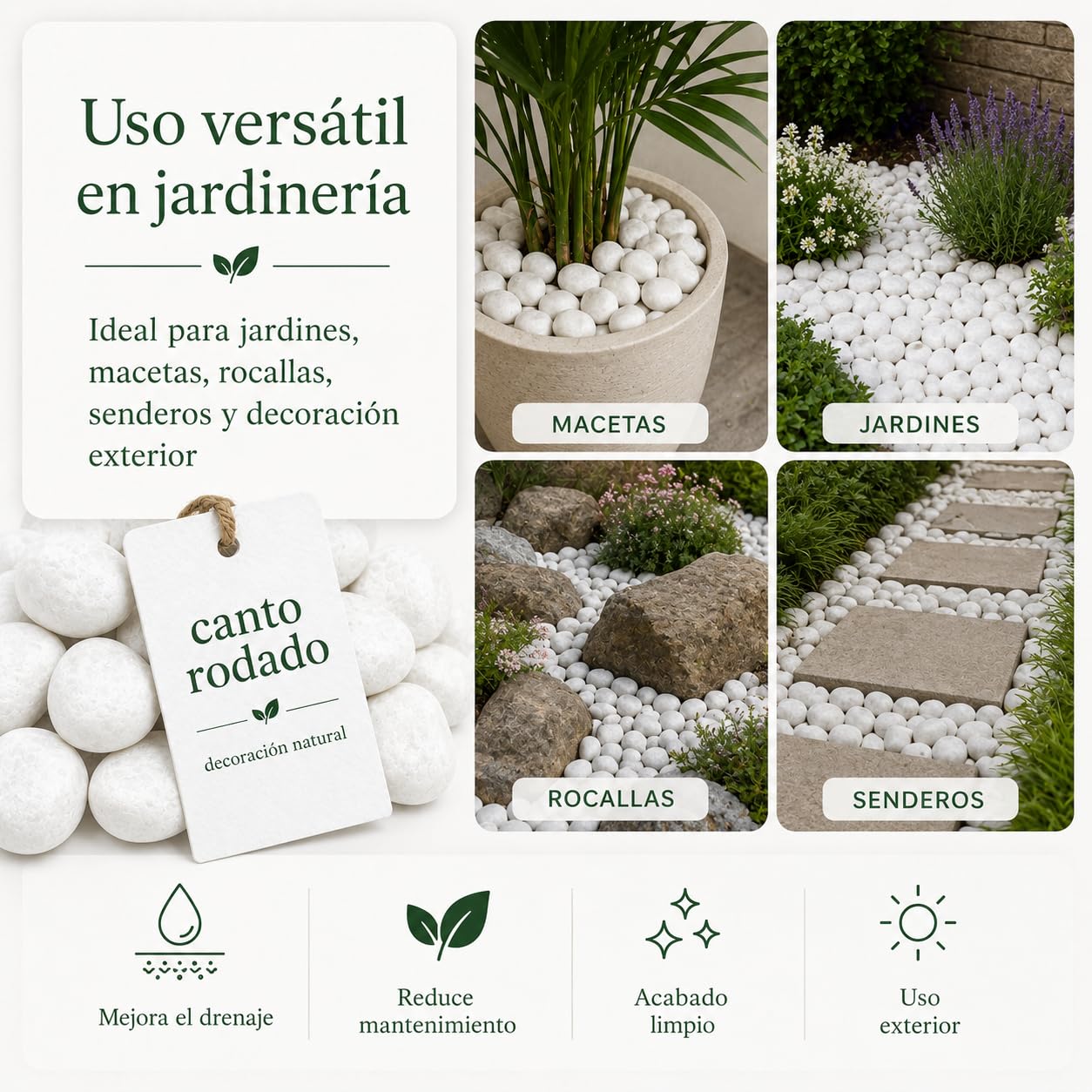 Piedra mármol Canto rodado Blanco Saco de 25Kg, Piedra Decorativa para Jardin o Espacios Exteriores. (40/60)