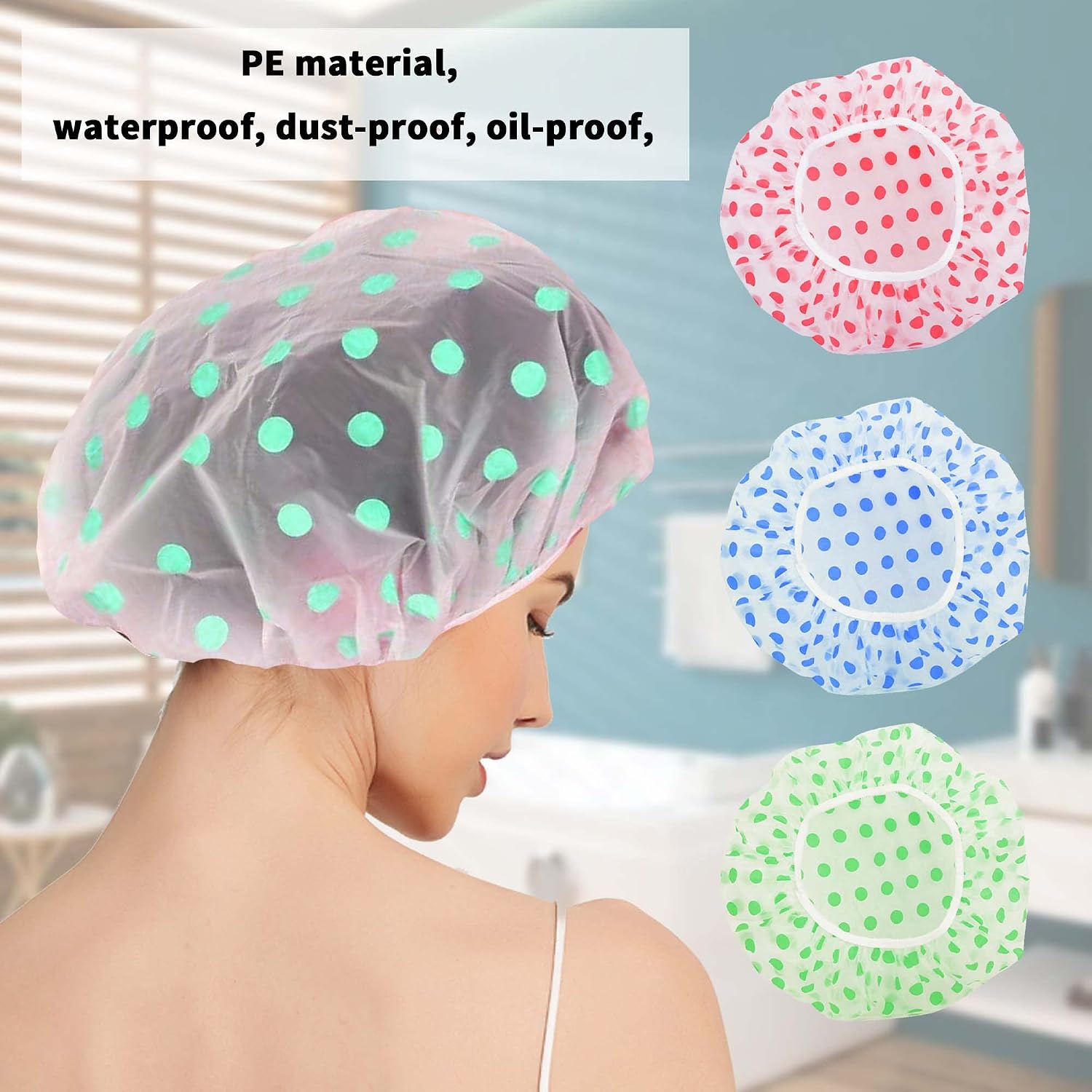 6 PCS Shower Caps Waterproof Bath Caps Elastic Reusable Bathing Hair Cap Waterproof EVA Plastic Shower Cap Elastic Band Bath Hair Hat for Women Ladies Spa Salon