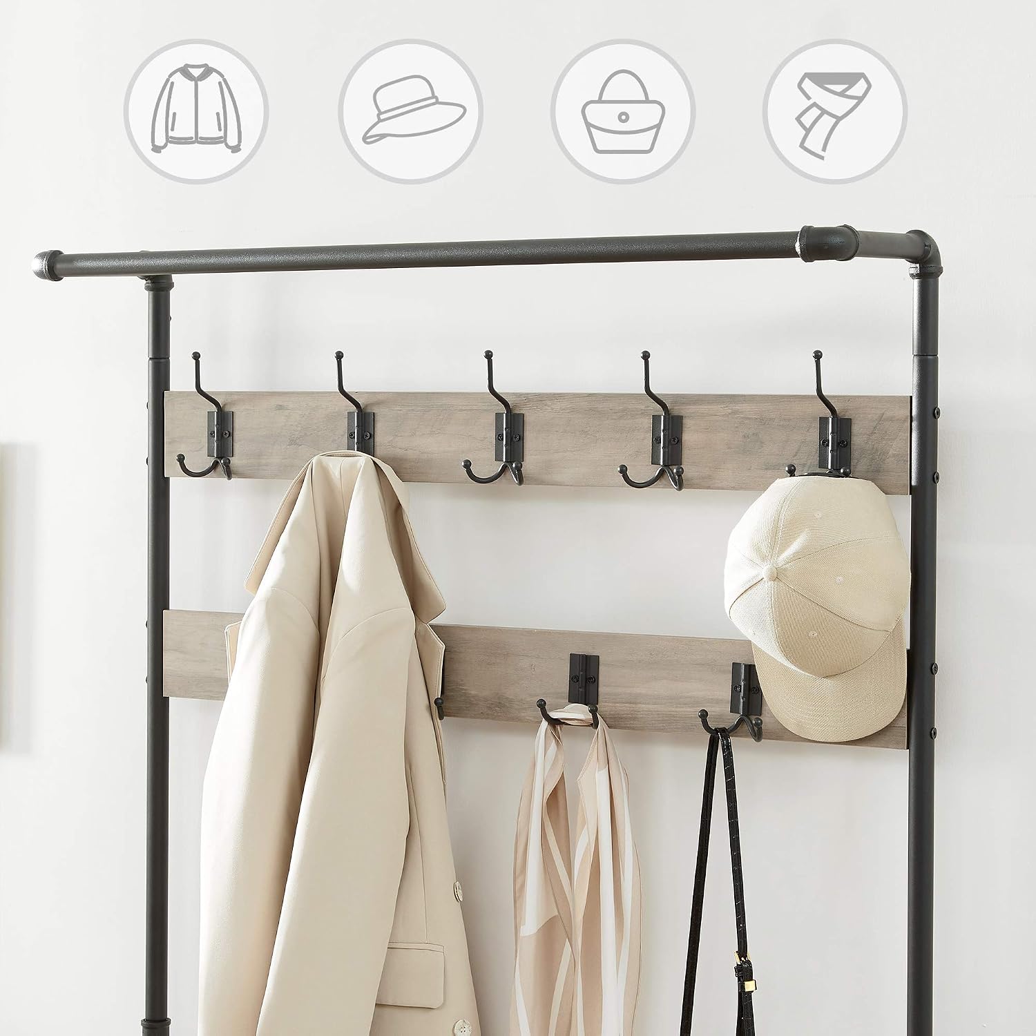 VASAGLE Industrial Coat Shoe Rack Hall Tree with 9 Hooks, Steel Frame Pipe Style, 39.4 x 16.3 x 71.7 inches, Greige