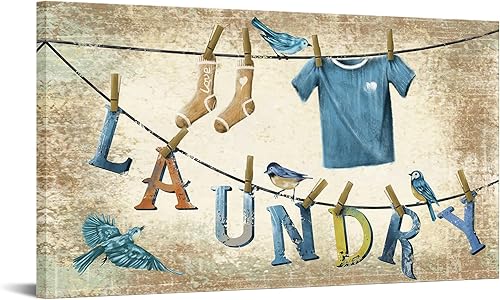 Conipit Lienzo decorativo para la pared, enmarcado, vintage, letreros para cuarto de servicio, pintura de pájaros en un tendedero, impresión