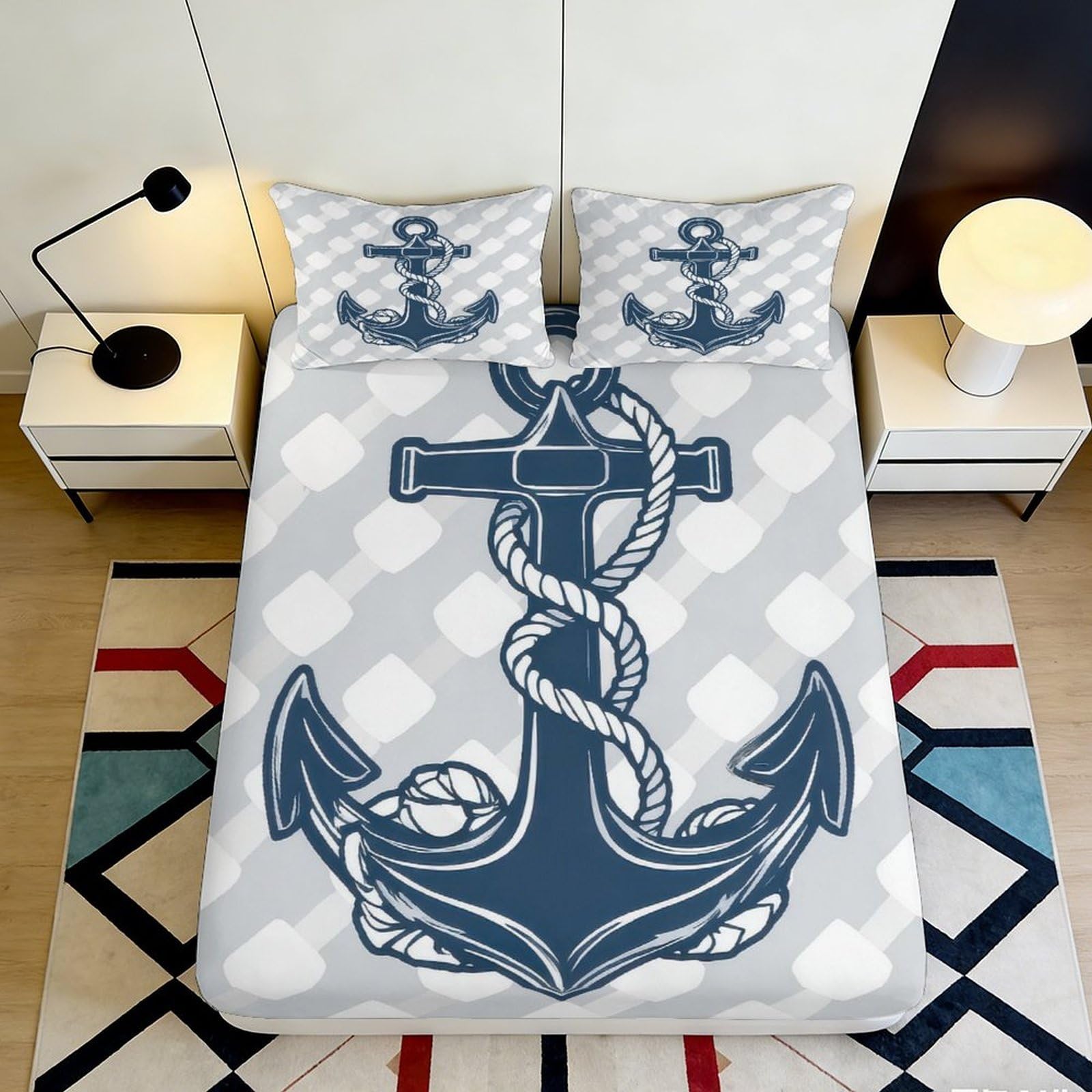 3D Printed Nautical Anchor Fitted Sheet Microfiber Grey Blue Rope Mattress Cover for Bedroom Decor Dorm Guest Room Protection 90x200x25cm
