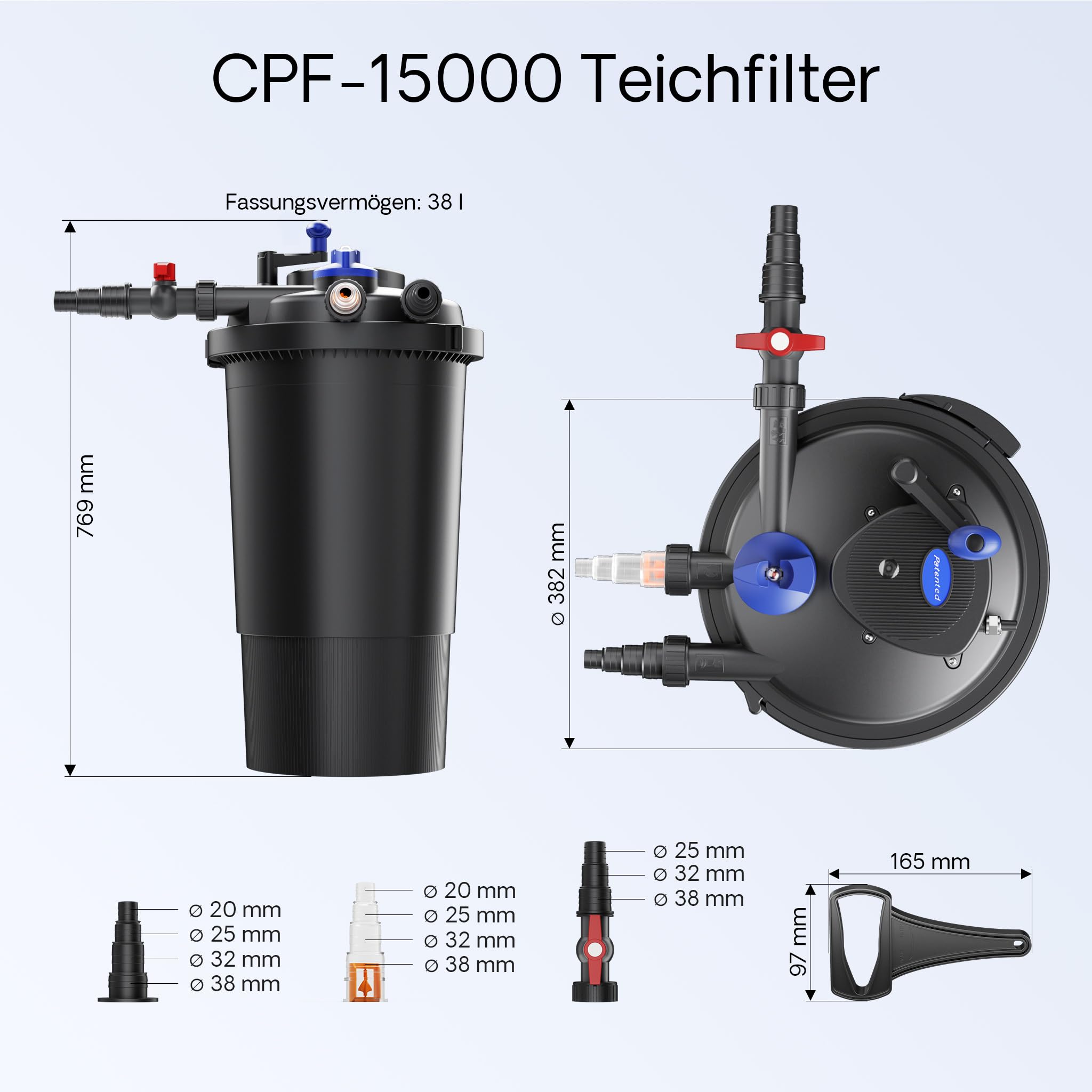 Wiltec Komplettset: CPF-15000 Teichdruckfilter bis 30000 L Teichfilteranlage mit 18 Watt UV-C Teichklärer, NEO8000 SuperEco Teichpumpe 8000l/h 70W