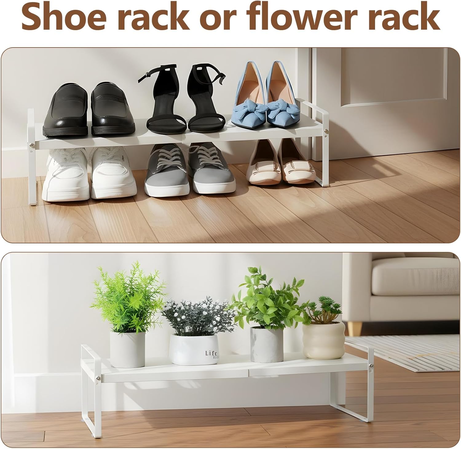 2PCS 1-Tier Expandable Shoe Rack, Adjustable Closet Shoe Storage Organizer Long from 14.2" to 25.2", Heavy Duty Metal Shoes Shelf, Stackable Free Standing Shoes Rack for Small Space (H:7")