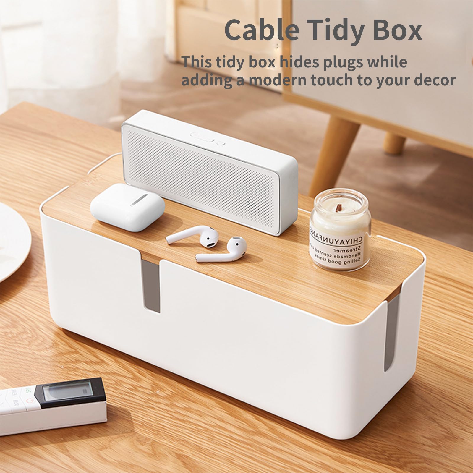 JJQHYC Cable Tidy Box Large Cable Box with Bamboo Lid Cable Management Box White Cable Organiser for Hiding Cables and Plugs - Image 4
