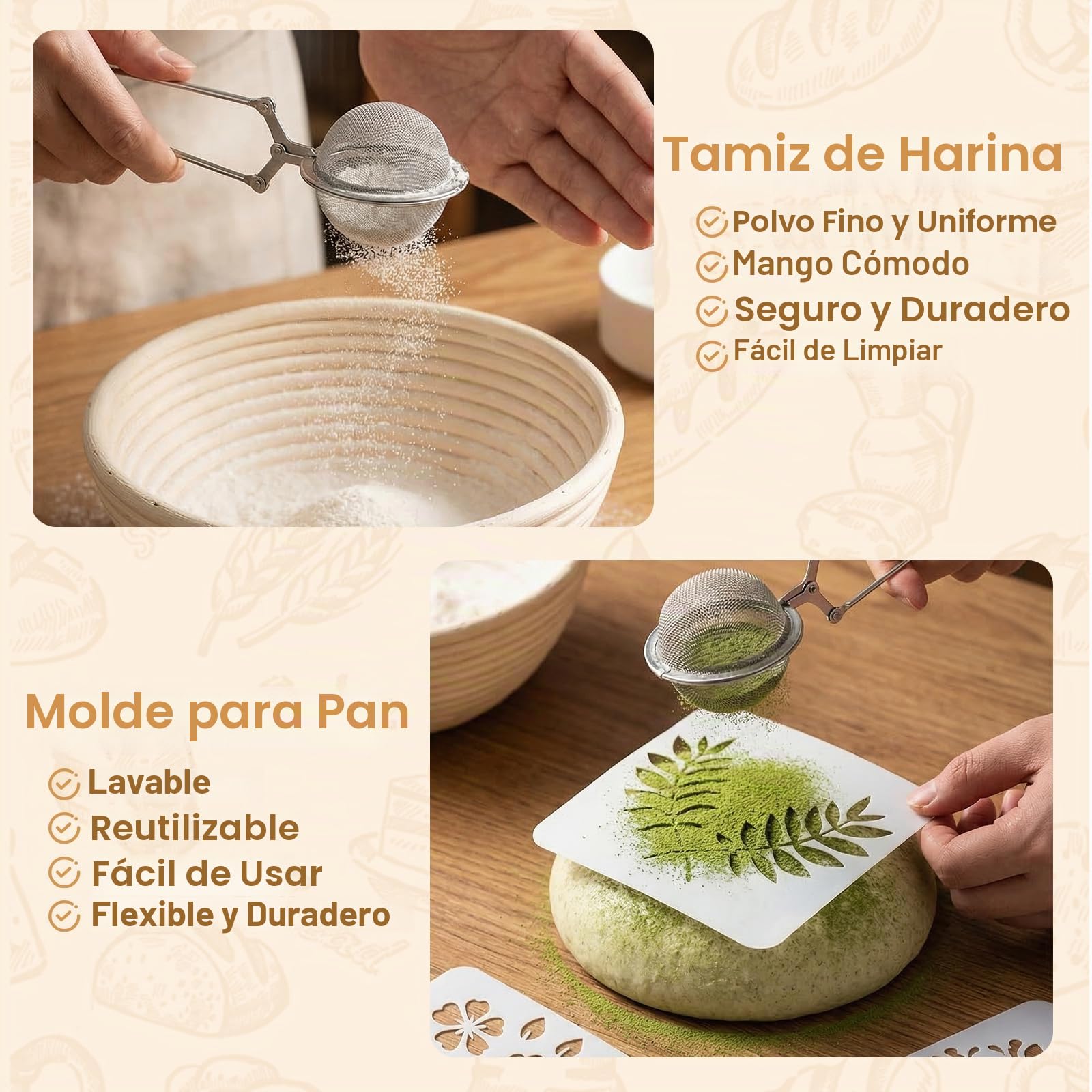 Banetones para Pan, Cesta de Fermentación para Pan 18Piezas Kit Completo de Panadero con Banetones de Caña Natural, Batidor, Cuchillo de Panadero y Paño de Lino,Cesta para Pan de Masa Madre