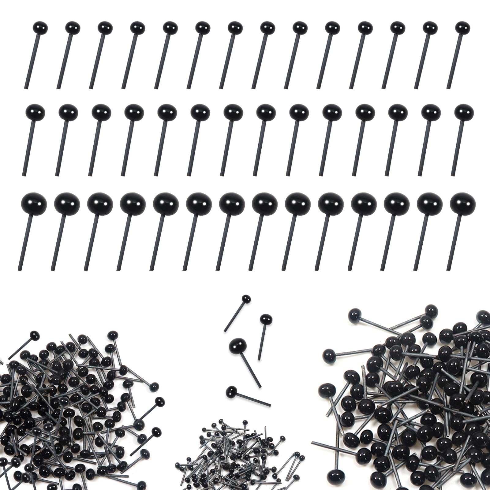 TOAOB 300pcs Glass Safety Eyes 2mm 3mm 4mm Black Beans Needle Type Glass Eyes Balls Doll Eyeballs for DIY Bear Plush Animal Puppet Needle Felting Dolls Decoys Sewing Crafts
