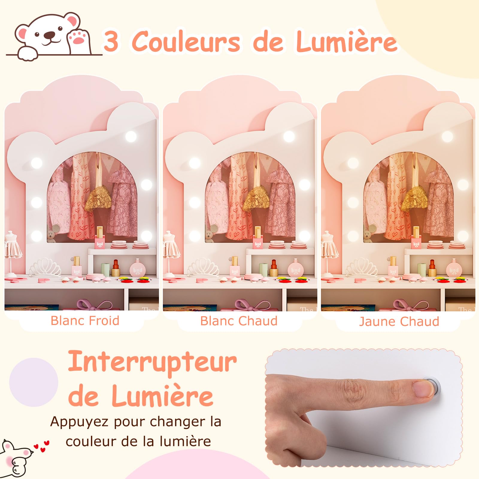 COSTWAY Coiffeuse Enfant Fille avec Chaise et Miroir Lumineux, Bureau Enfant avec 5 Tiroirs, 2 Compartiments, Armoire, Étagère Ouverte, pour Chambre d'enfant, Salle de Jeux, 3+ Ans (Blanc)