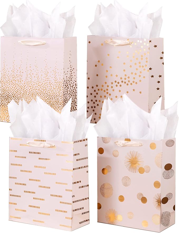 SHIPKEY 12 Pack Large Gift Bags, Gold Gift Bags Assortment, Gift Bags for Favors, 26x10x33 cm