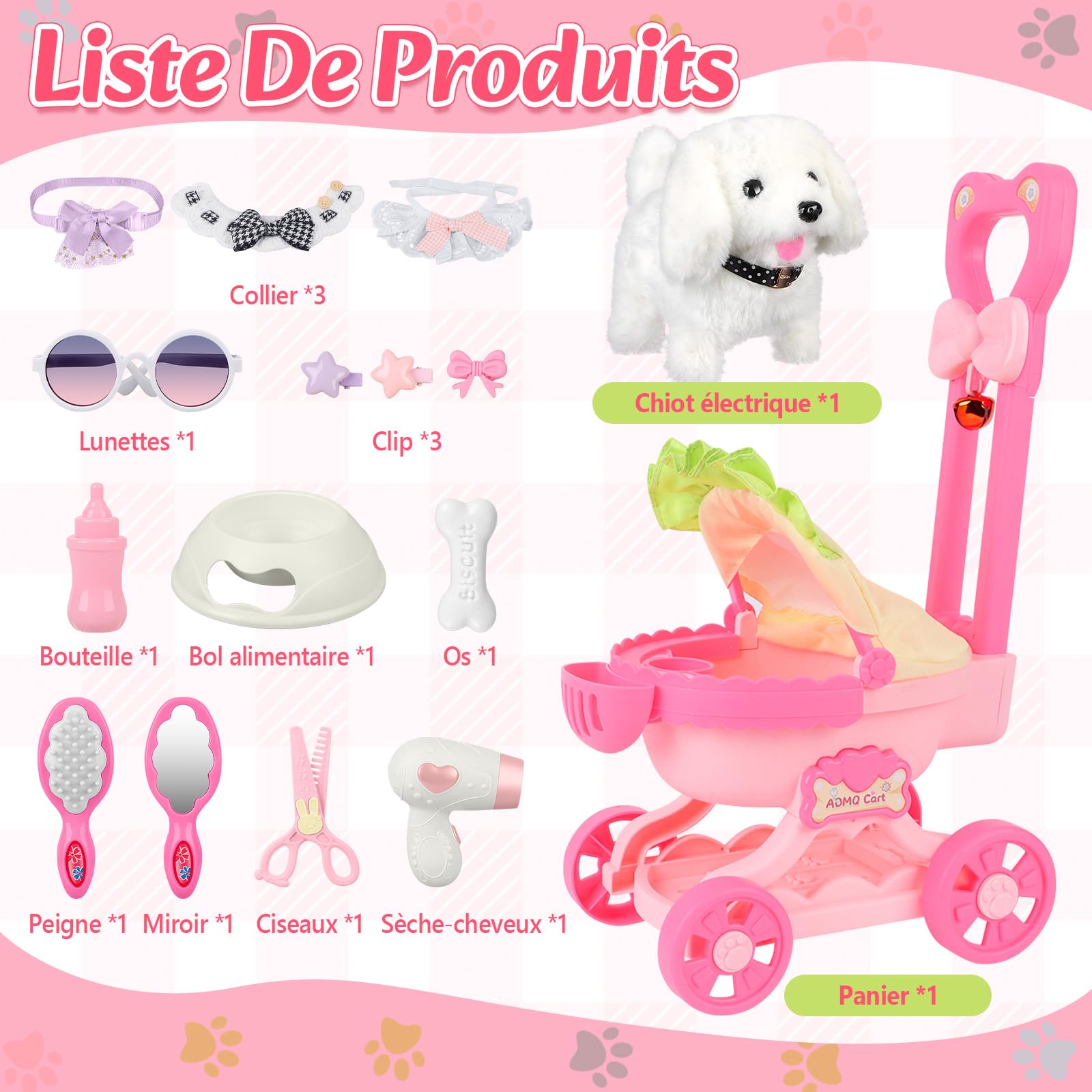 Charmofun Chien Interactif Jouet Enfant avec Poussette Jouet, Electronique Chien Qui Marche et Aboie avec Accessoires, Peluches et Animaux Interactifs Cadeau pour Fille 3 4 5 6 Ans