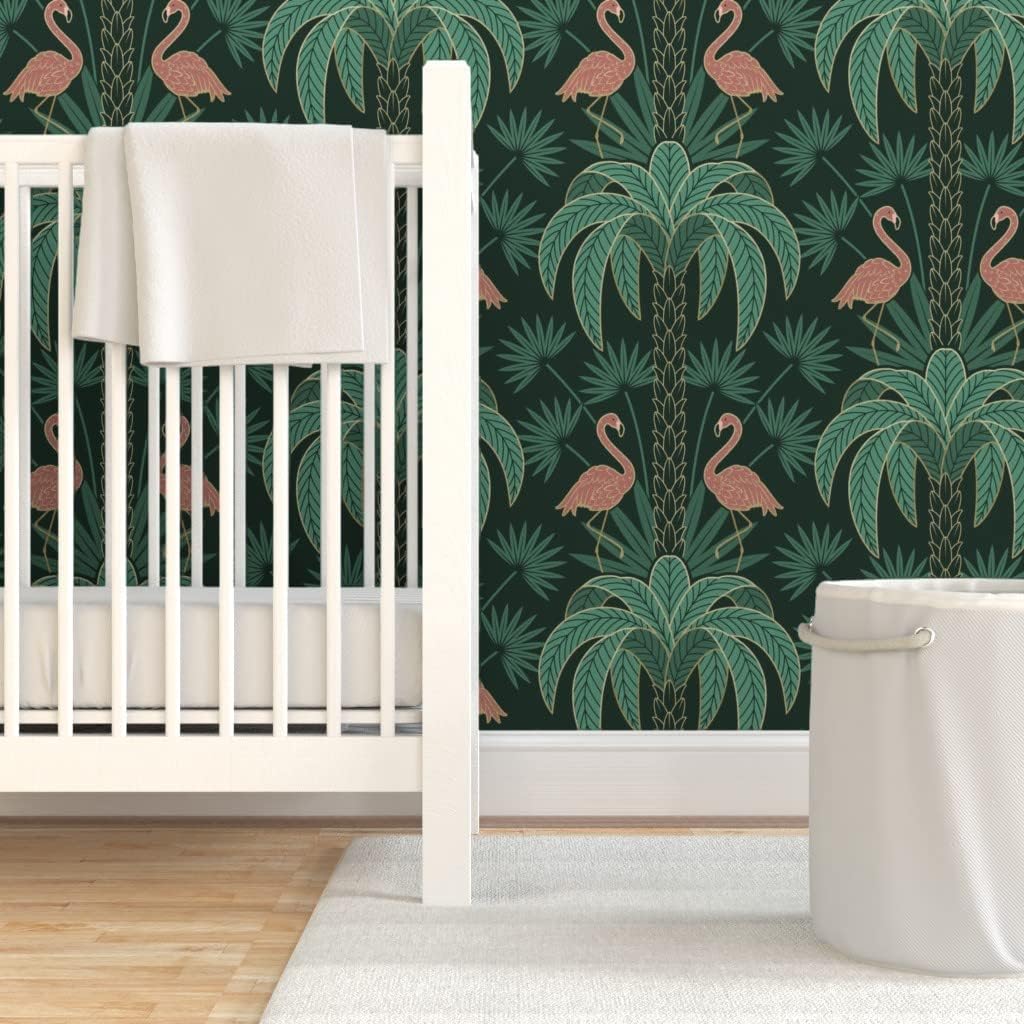 Peel & Stick Wallpaper 3ft x 2ft - Palm Trees Flamingo Art Deco Tropical Damask Deep Emerald Green Extra Flora Gold Beach Custom Removable Wallpaper by Spoonflower