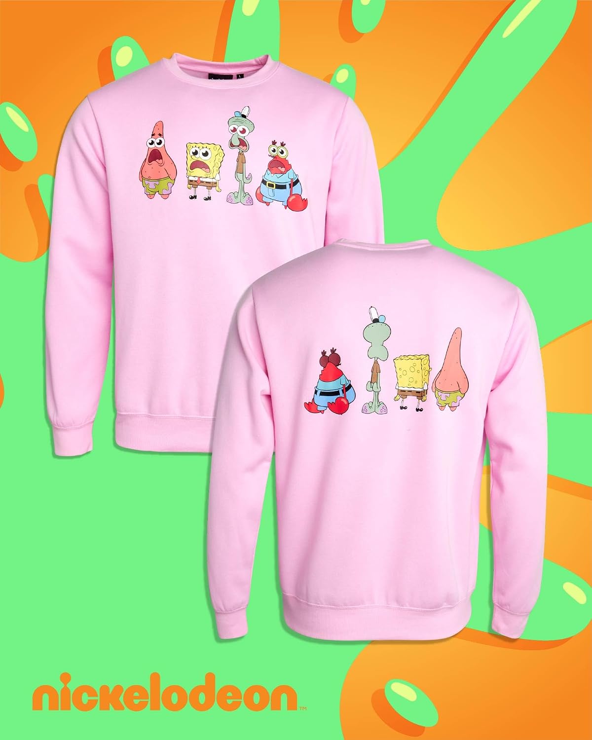 Nickelodeon Mens Sweatshirt SpongeBob Crewneck Graphic Pullover Sweatshirt | Chest & Back Graphic Print, Fleece Crewneck Pullover, Ribbed Cuffs & Hem