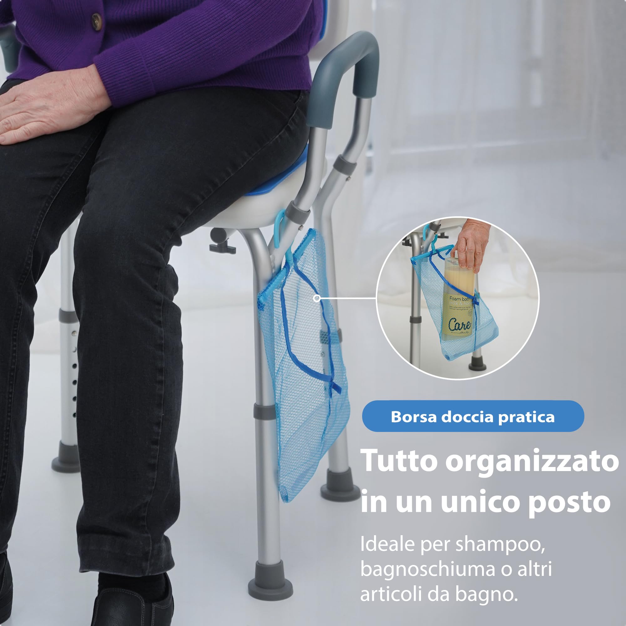 Safe Age Sedia per Doccia per Anziani - Sgabello Doccia Antiscivolo con Schienale e Braccioli Rimovibili, Regolabile in Altezza e Facile da Montare