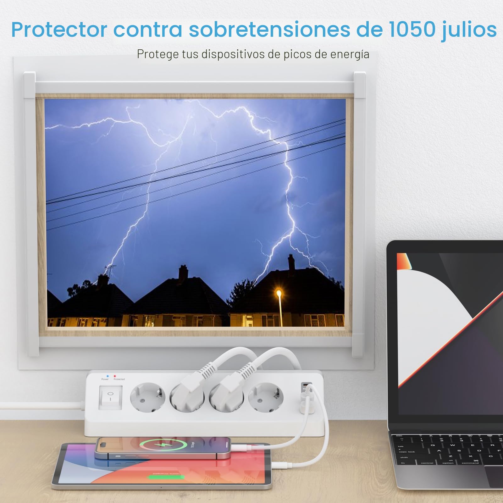 Regleta de 4 enchufes con USB C (PD 20W), SUDEERY 8 en 1 regleta de enchufes con 4 USB, regleta de enchufes con protección contra sobretensiones y 2 m de cable para la cocina (Blanco)